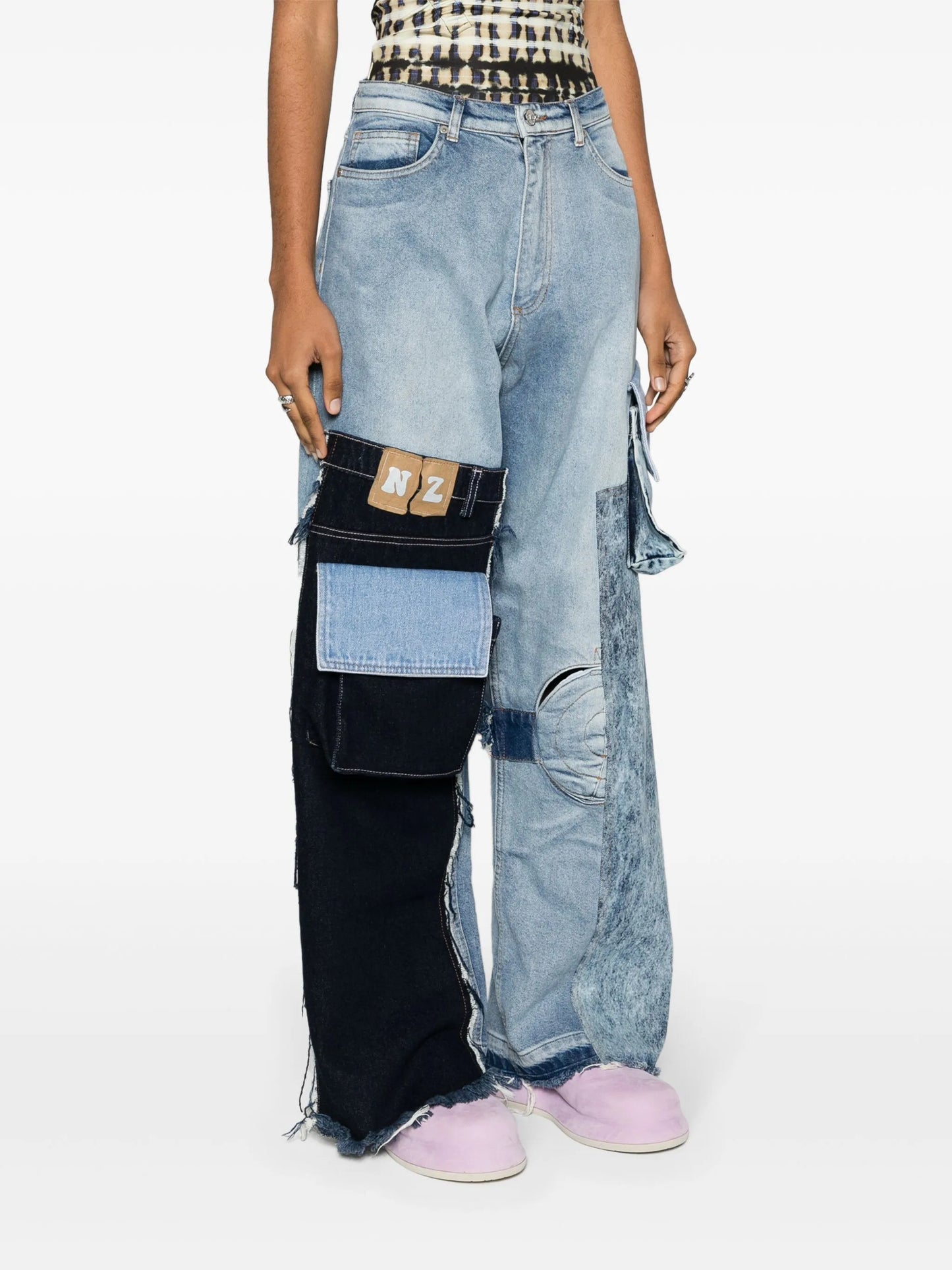 patchwork cargo mid-raise jeans