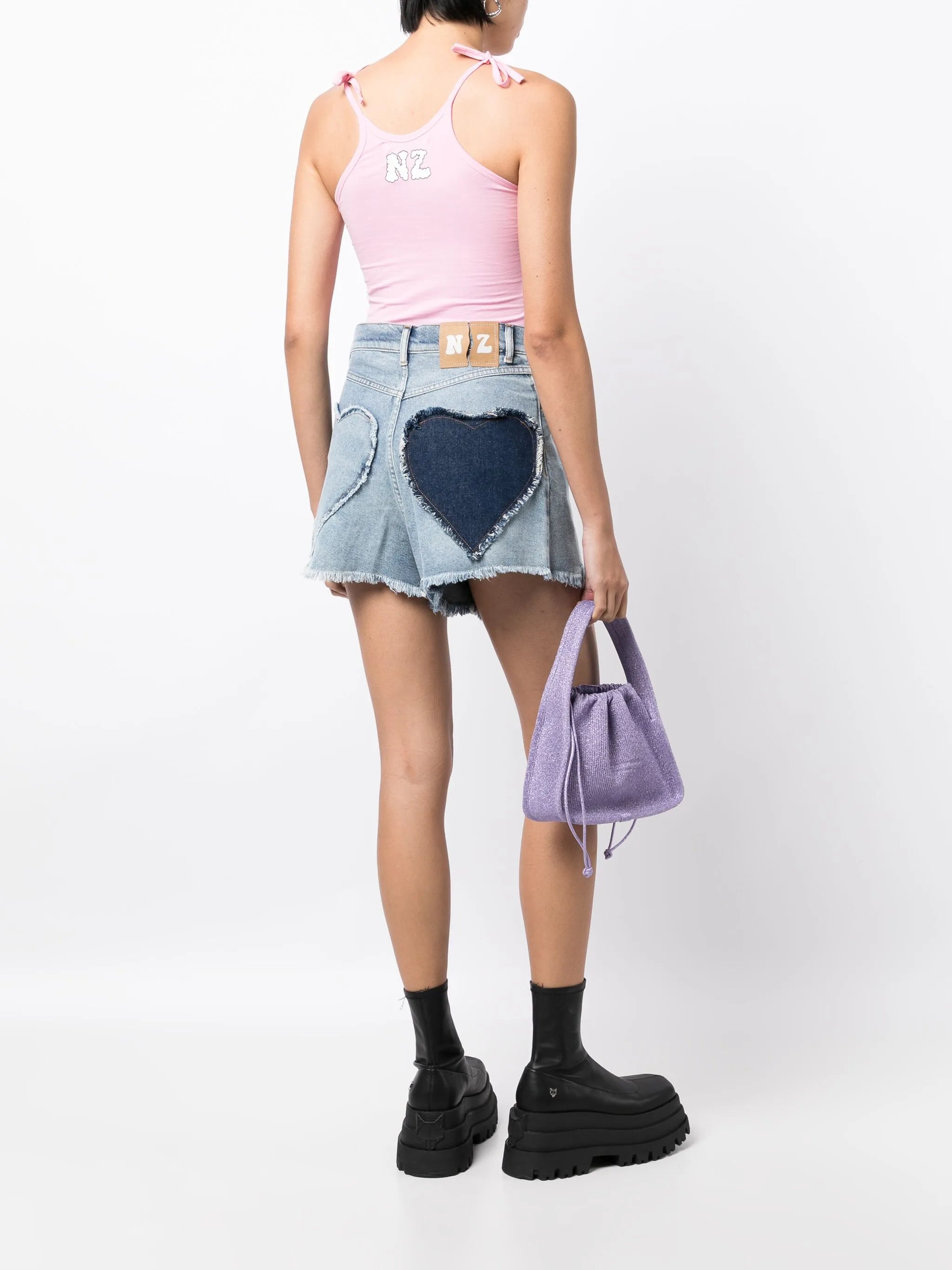heart-appliqué denim shorts