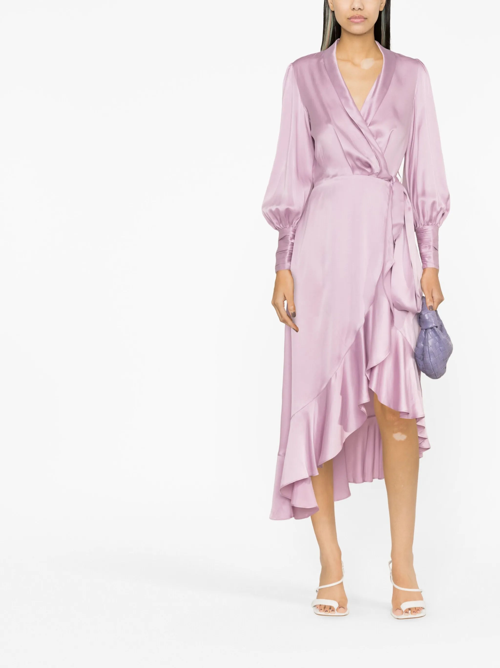 ruffled silk wrap midi dress