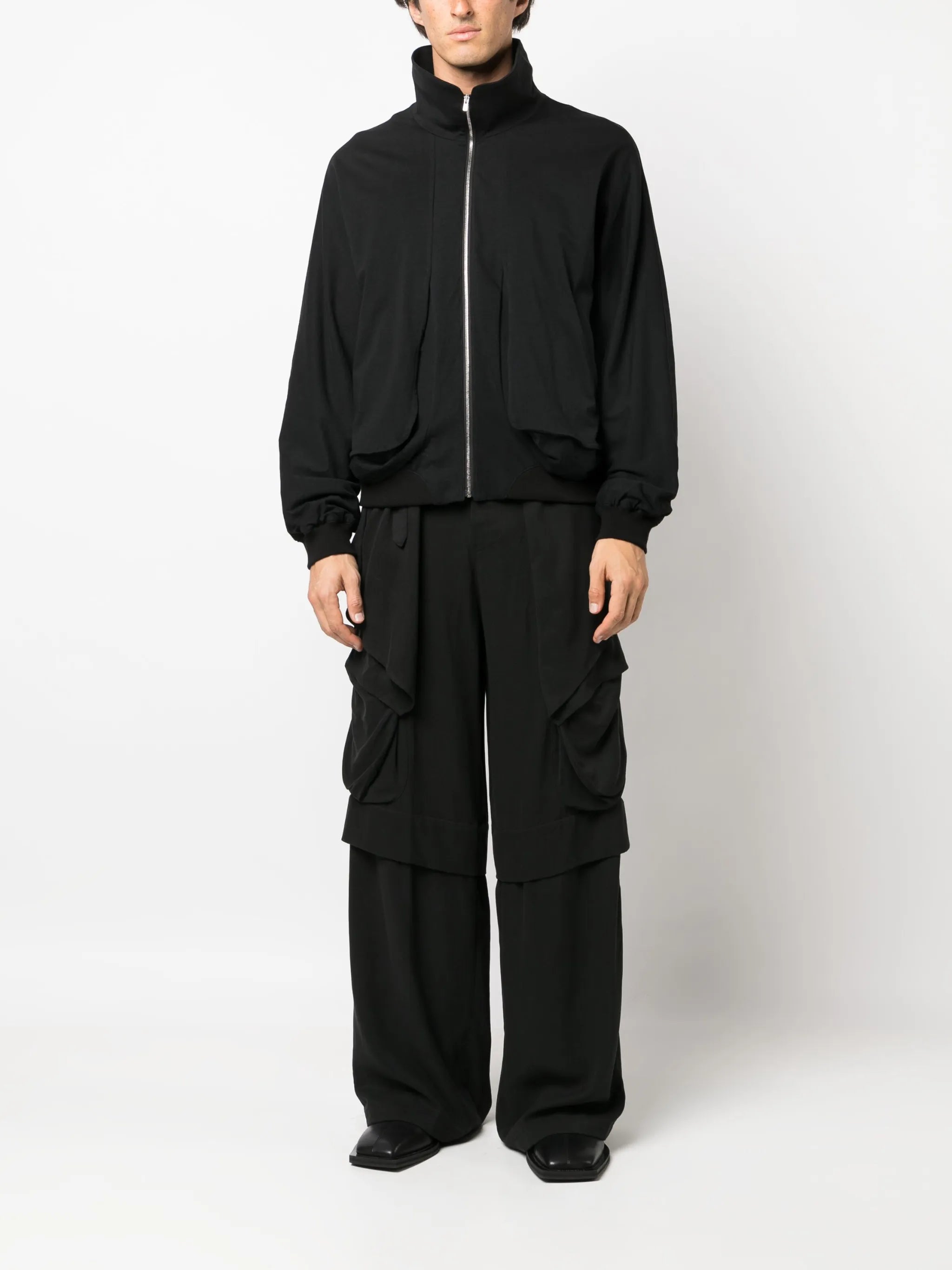 high-neck draped bomber jacket