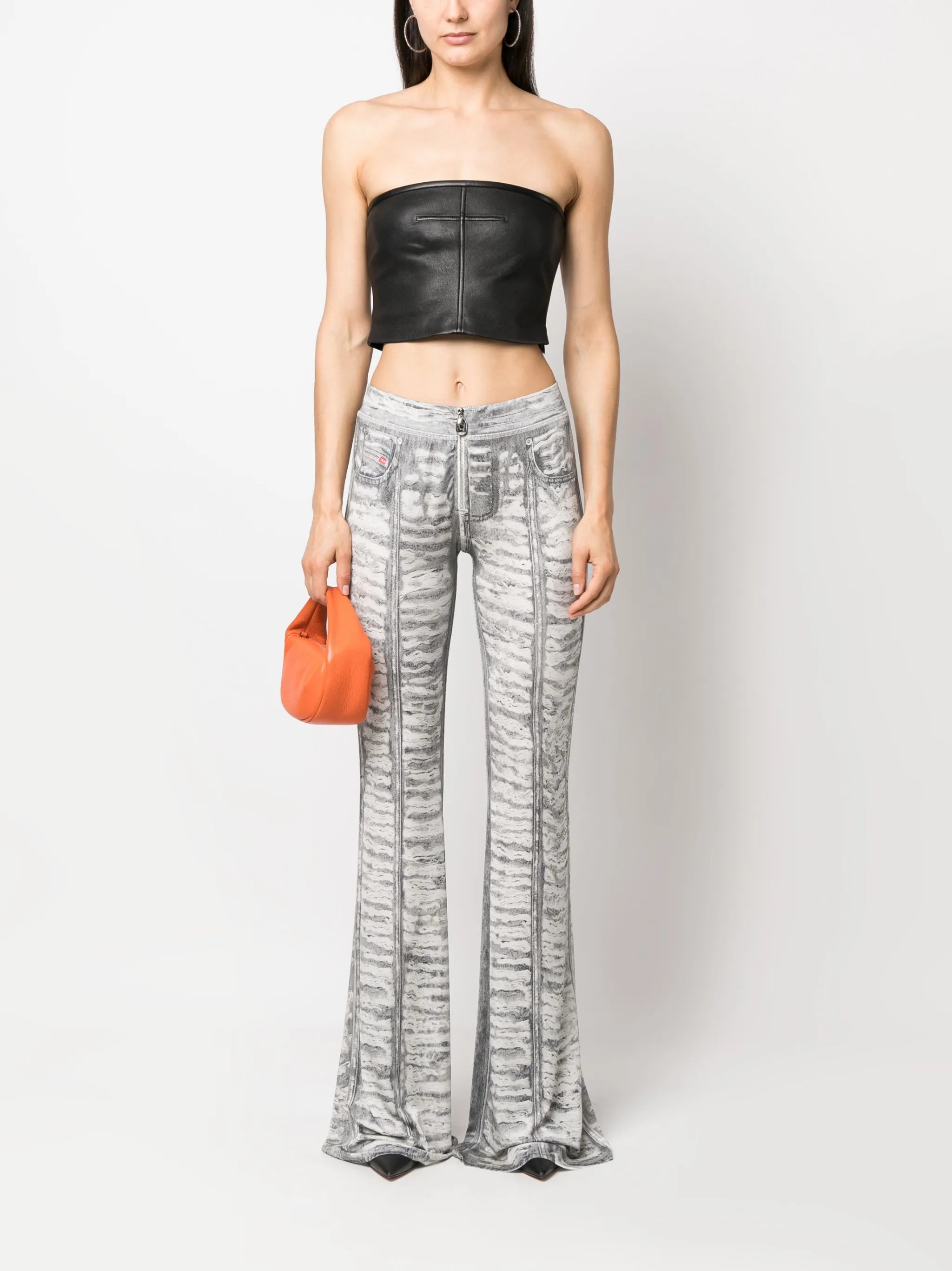 denim-print flared trousers