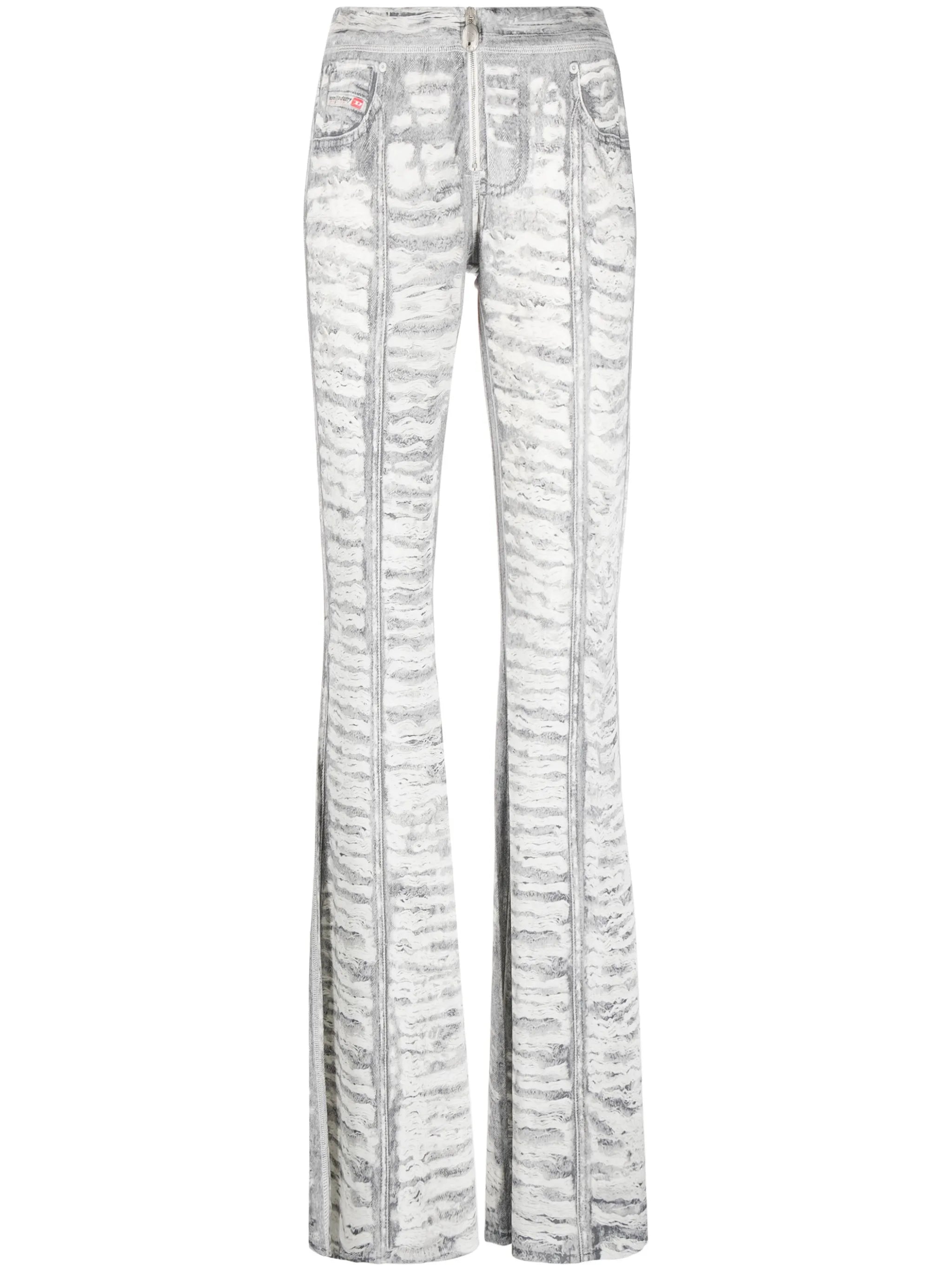 denim-print flared trousers