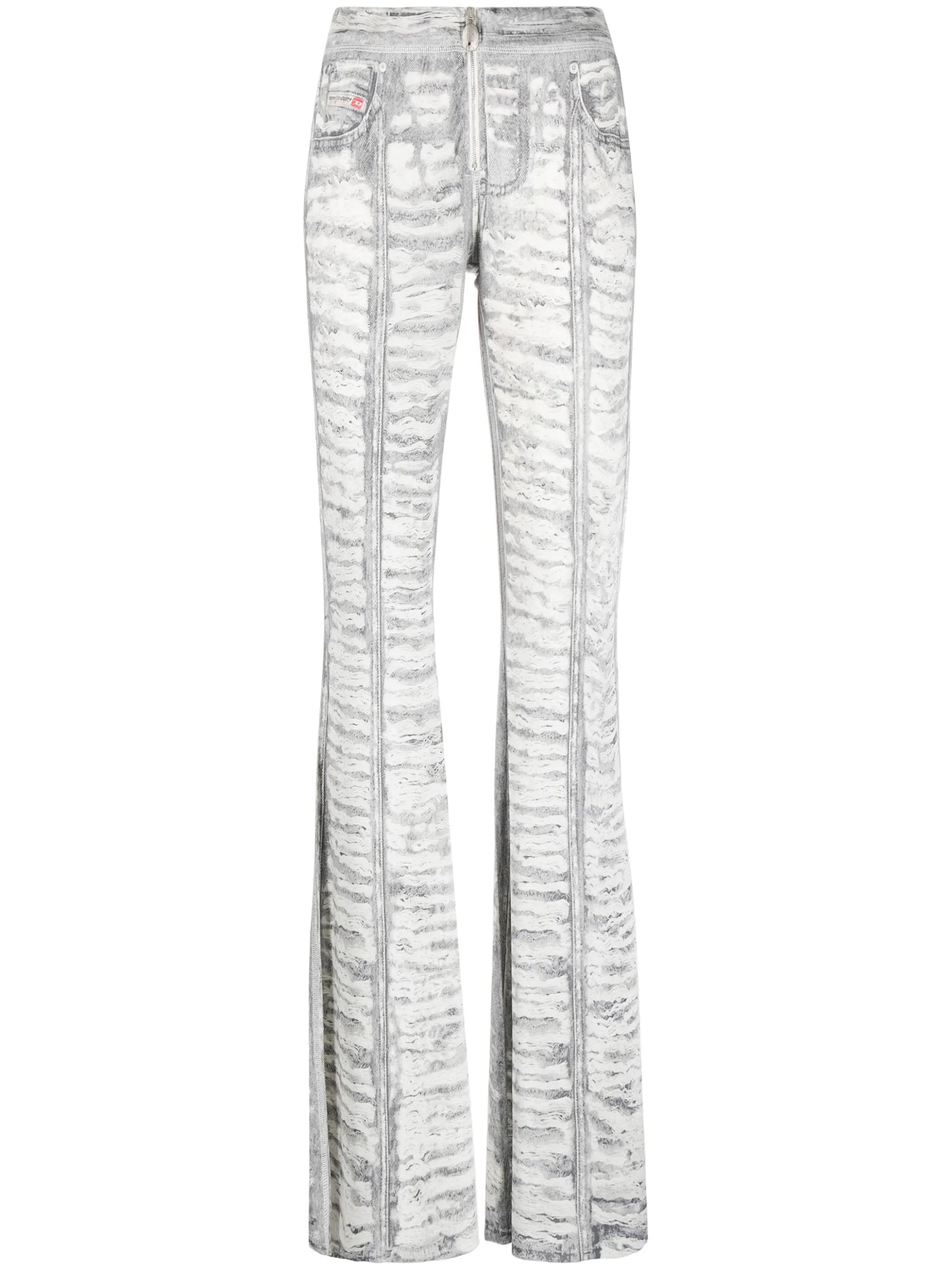 denim-print flared trousers