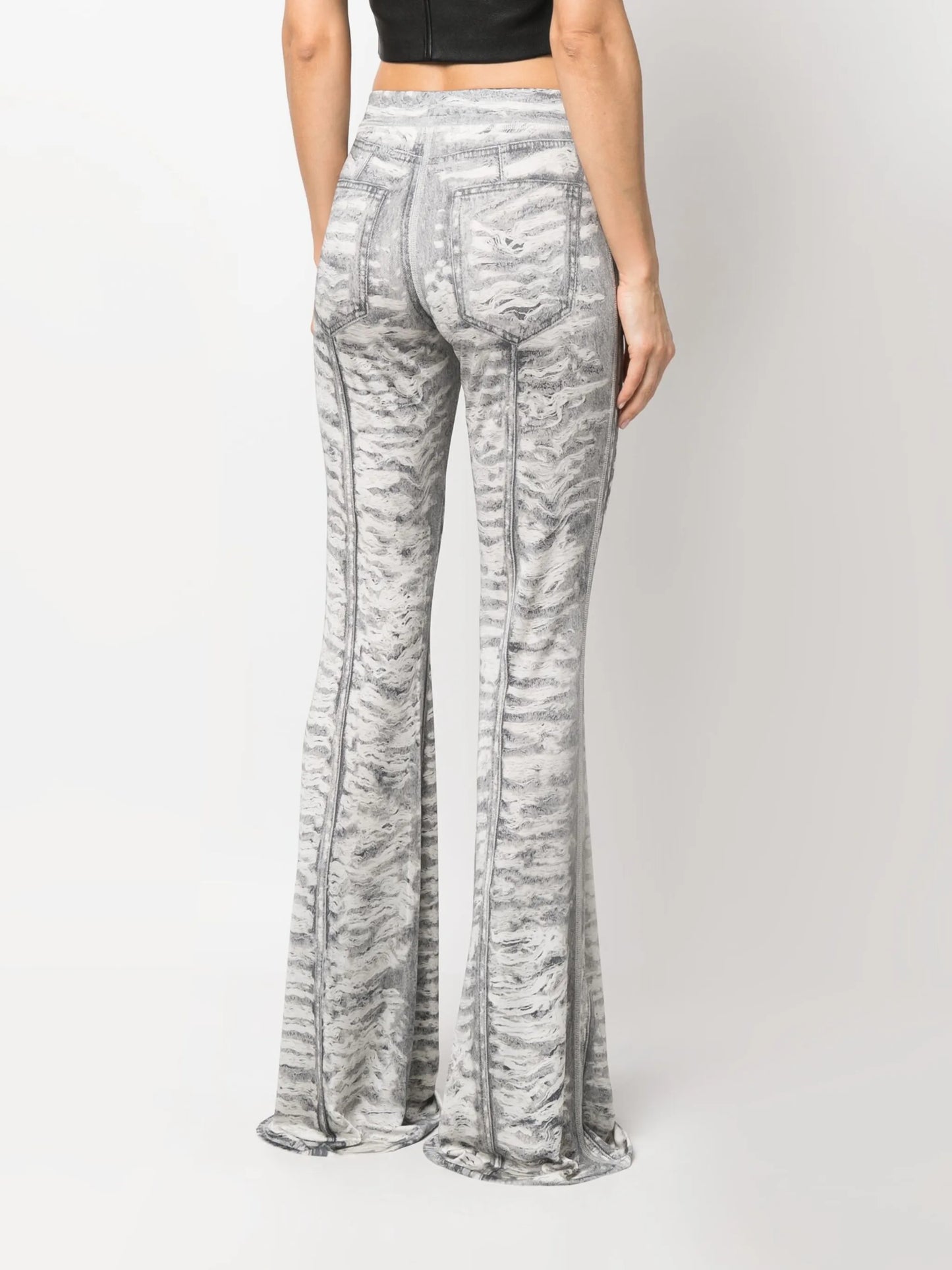 denim-print flared trousers
