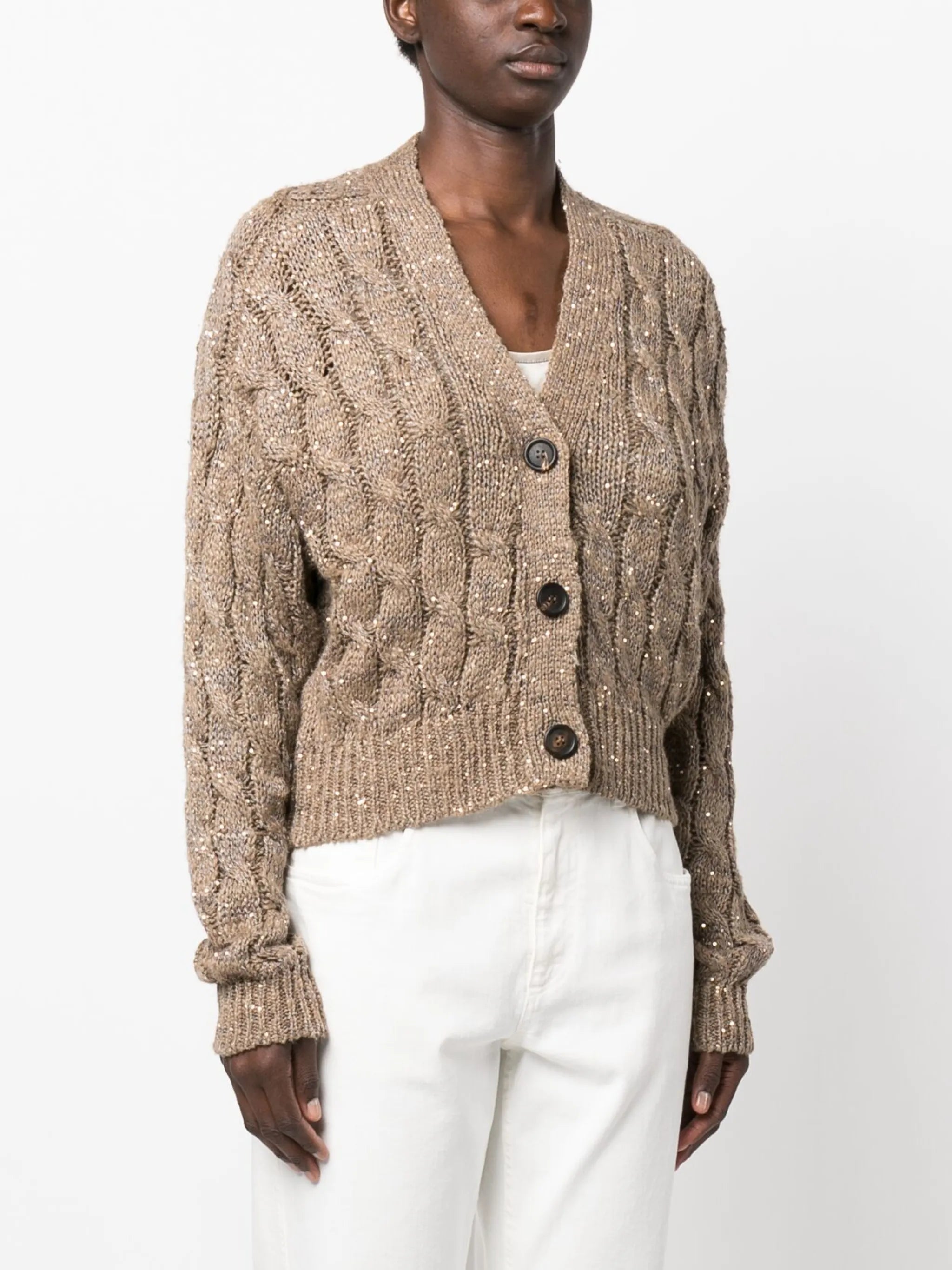 sequin-embellished cable-knit cardigan