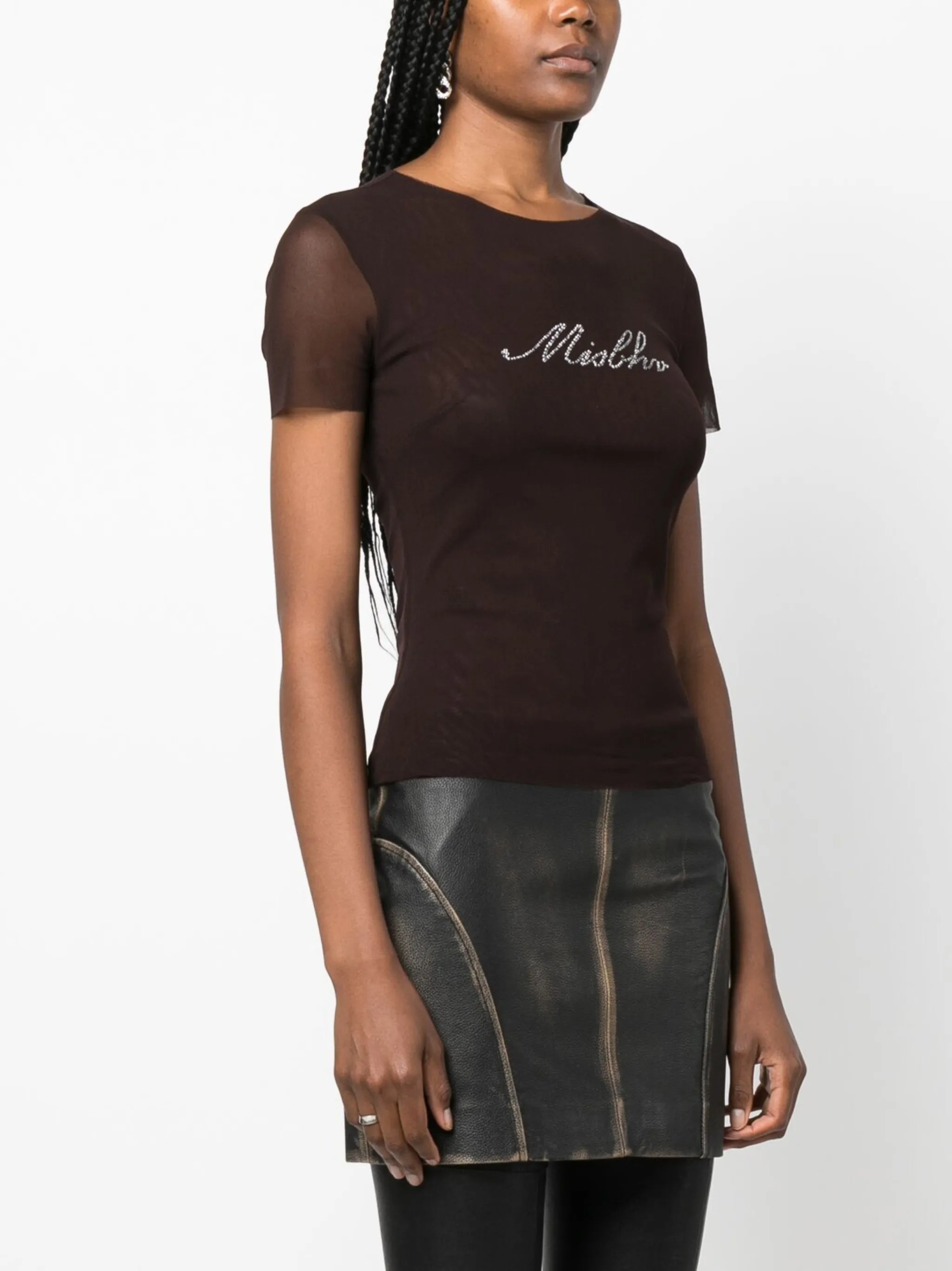 rhinestone-embellished mesh T-shirt