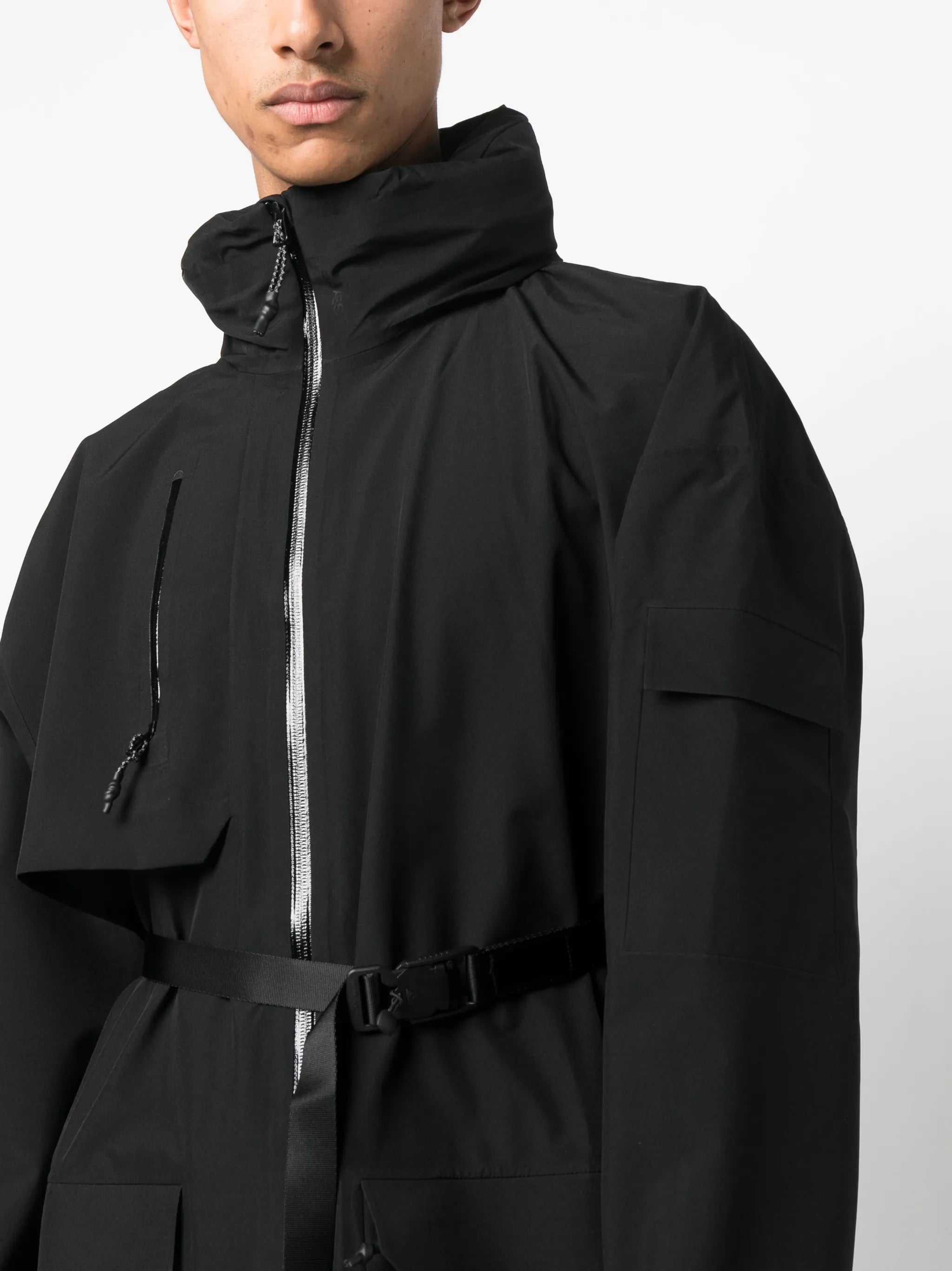 zip-up high-neck belted parka