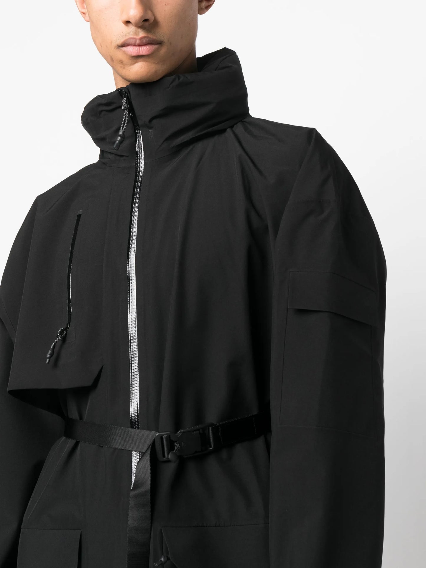 zip-up high-neck belted parka