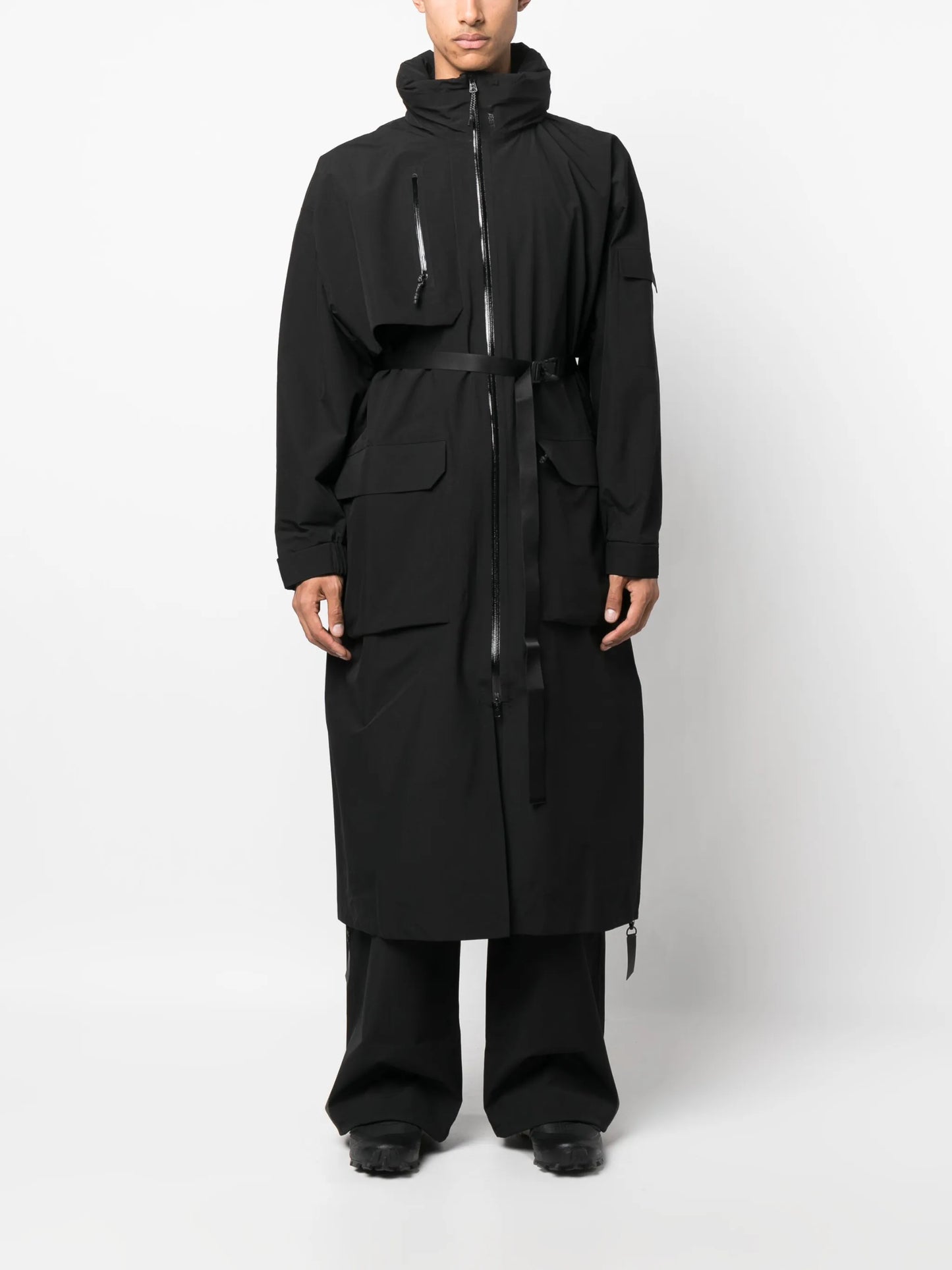 zip-up high-neck belted parka