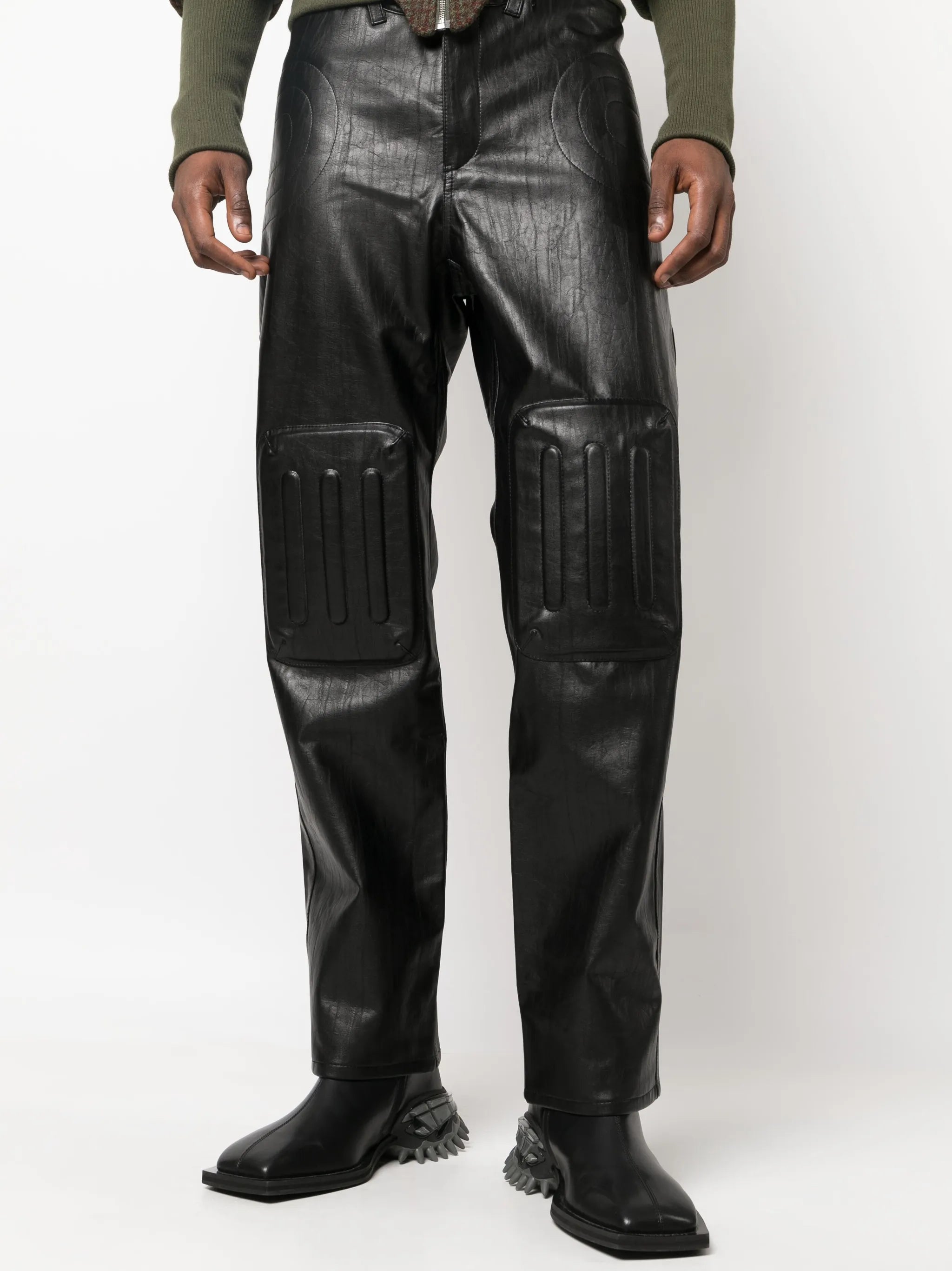 embossed-panel straight-leg trousers
