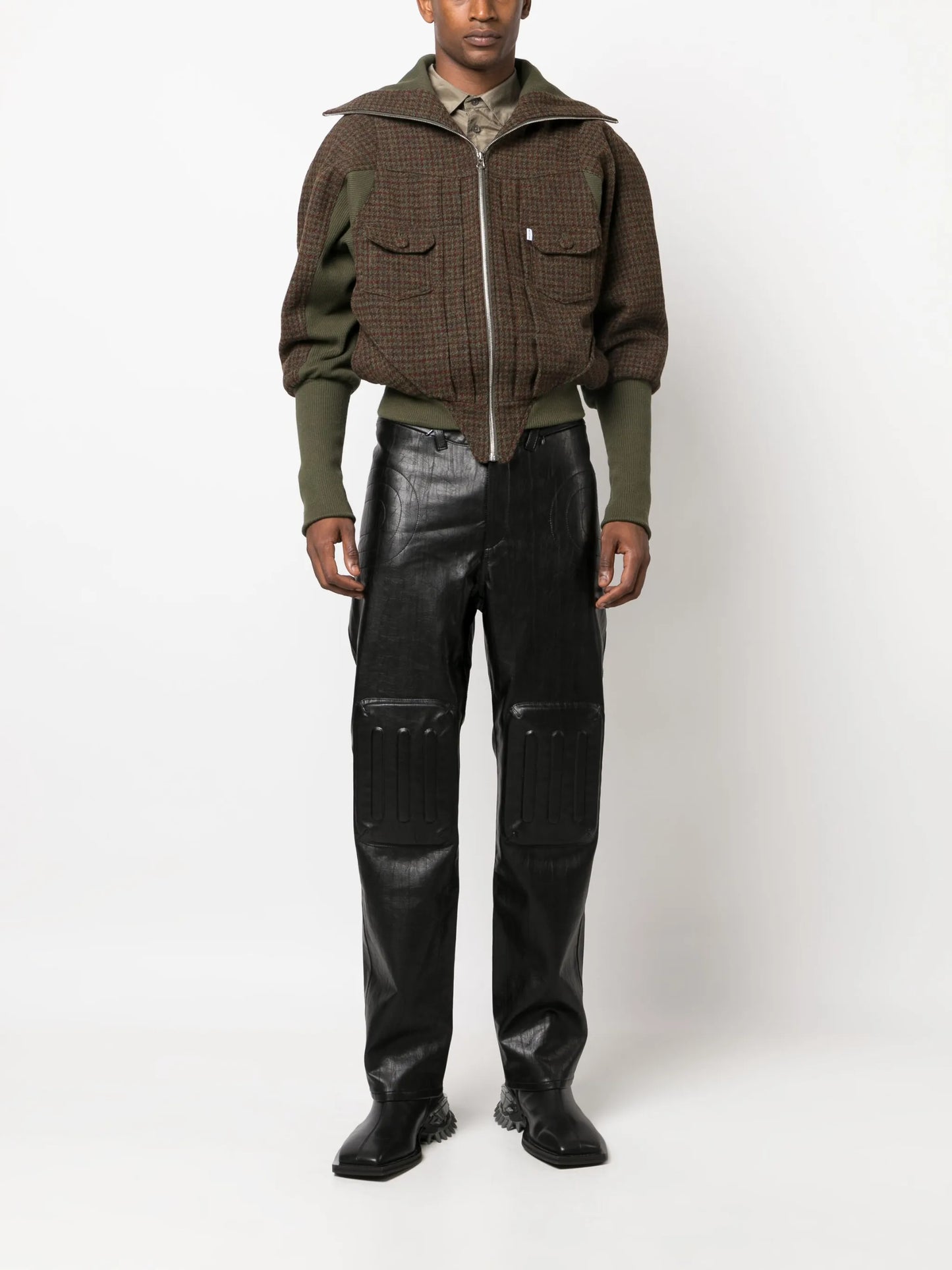 embossed-panel straight-leg trousers