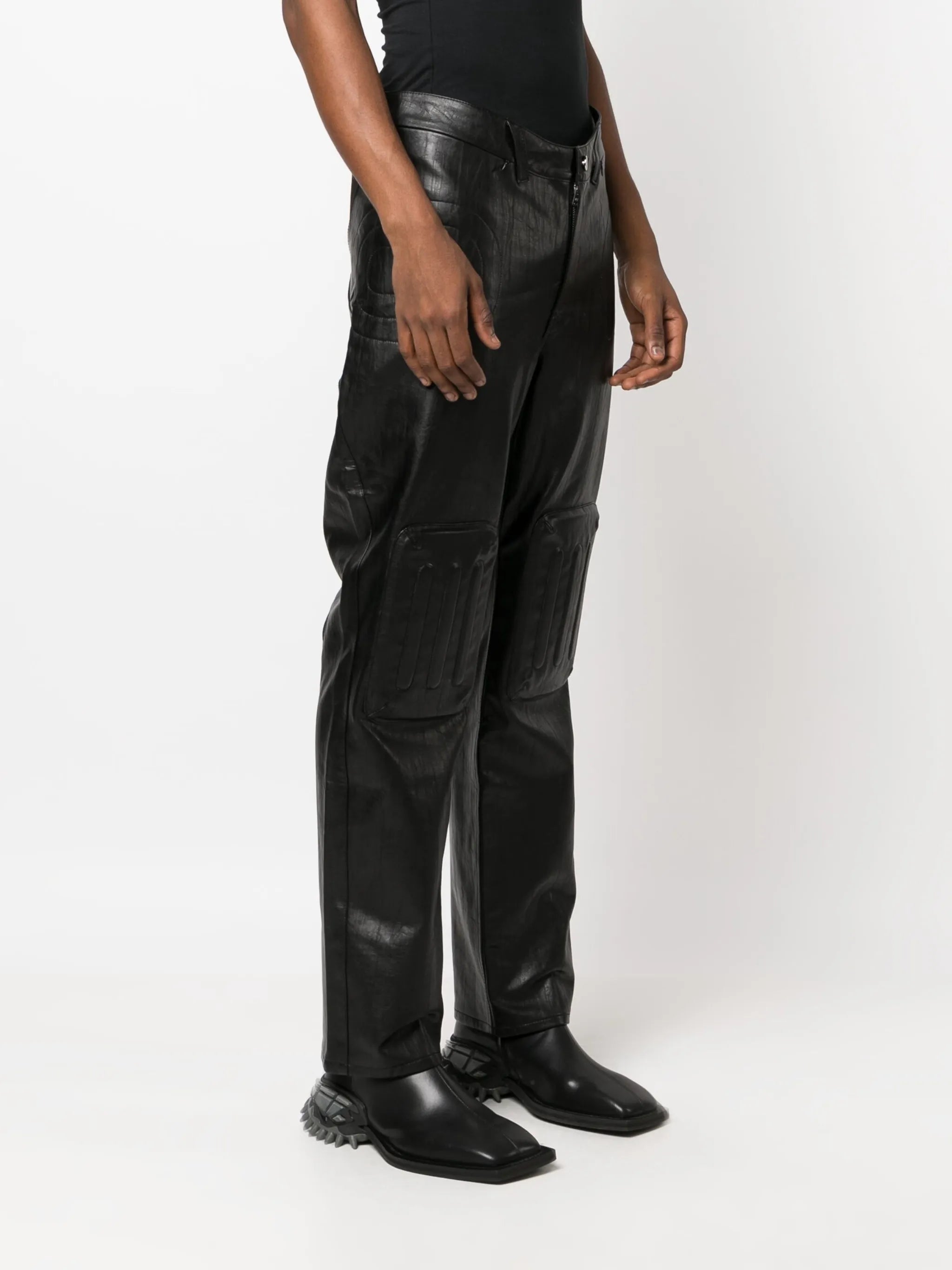 embossed-panel straight-leg trousers
