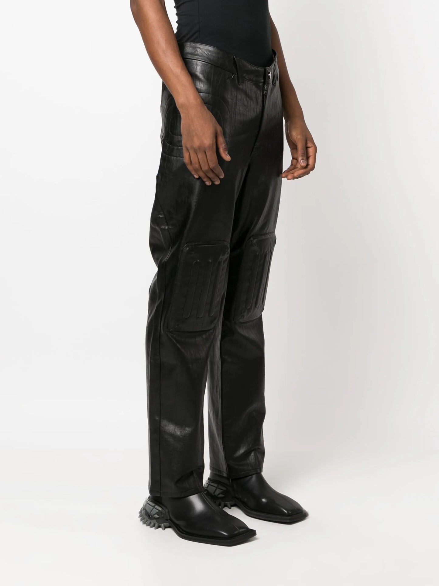 embossed-panel straight-leg trousers