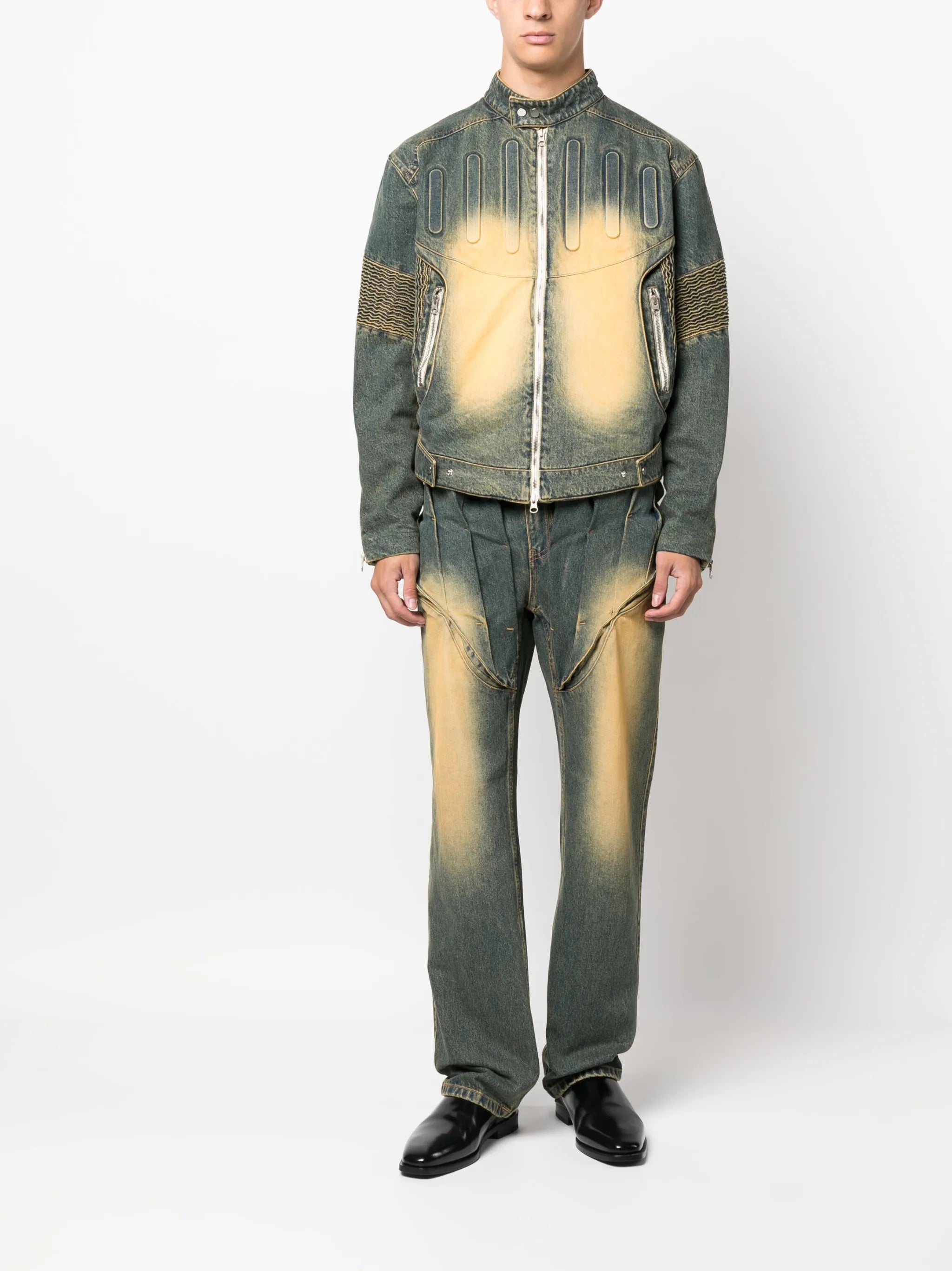 smocked-panels washed-denim jacket