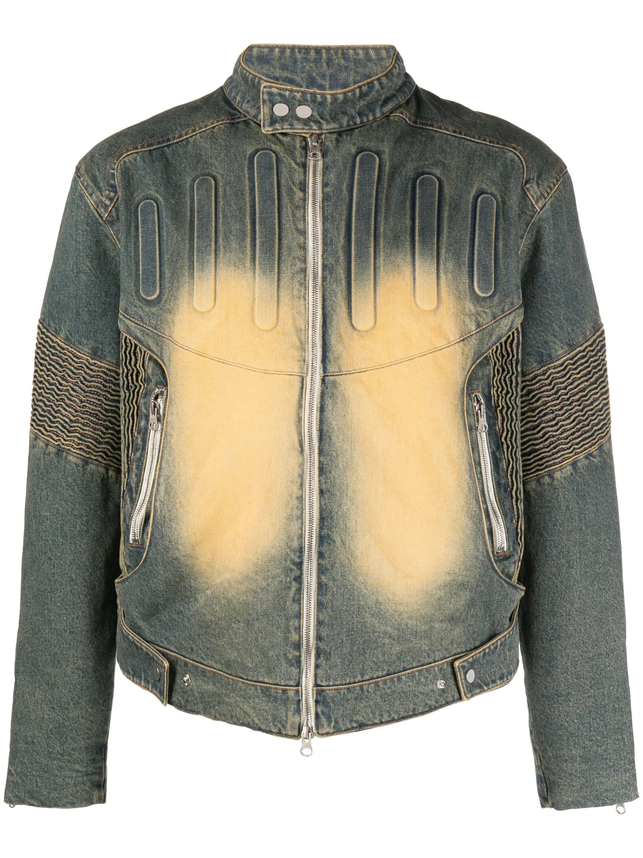 smocked-panels washed-denim jacket
