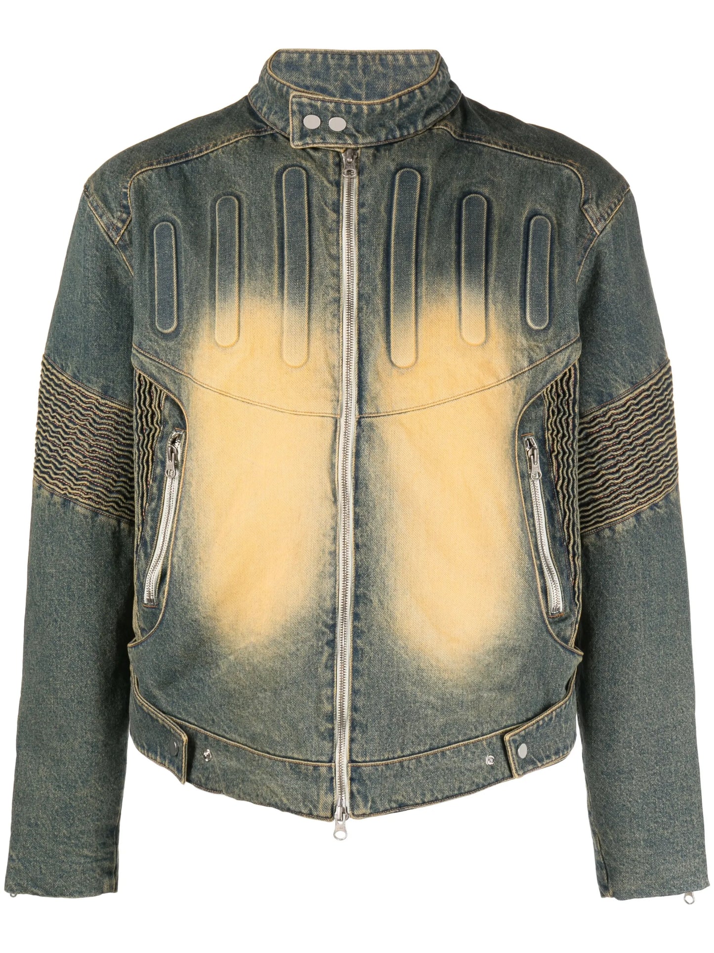 smocked-panels washed-denim jacket