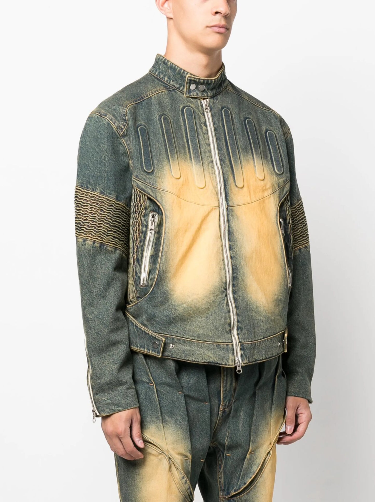 smocked-panels washed-denim jacket