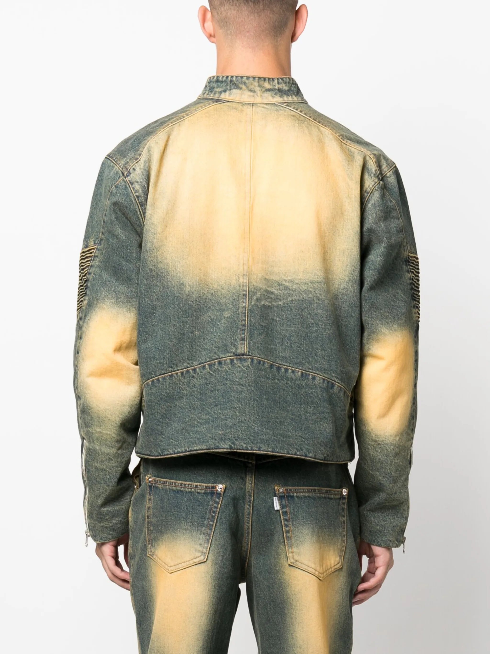 smocked-panels washed-denim jacket