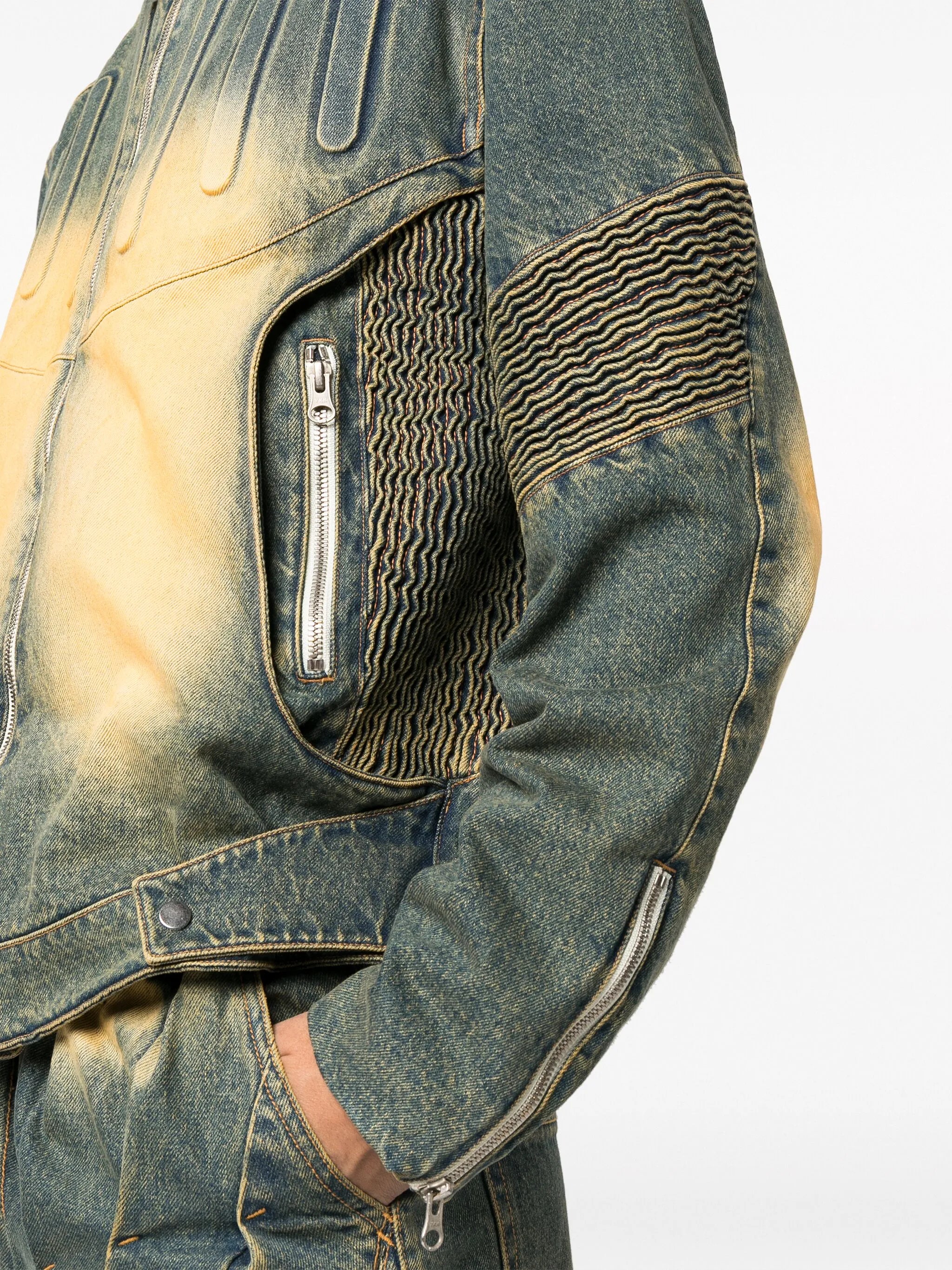 smocked-panels washed-denim jacket