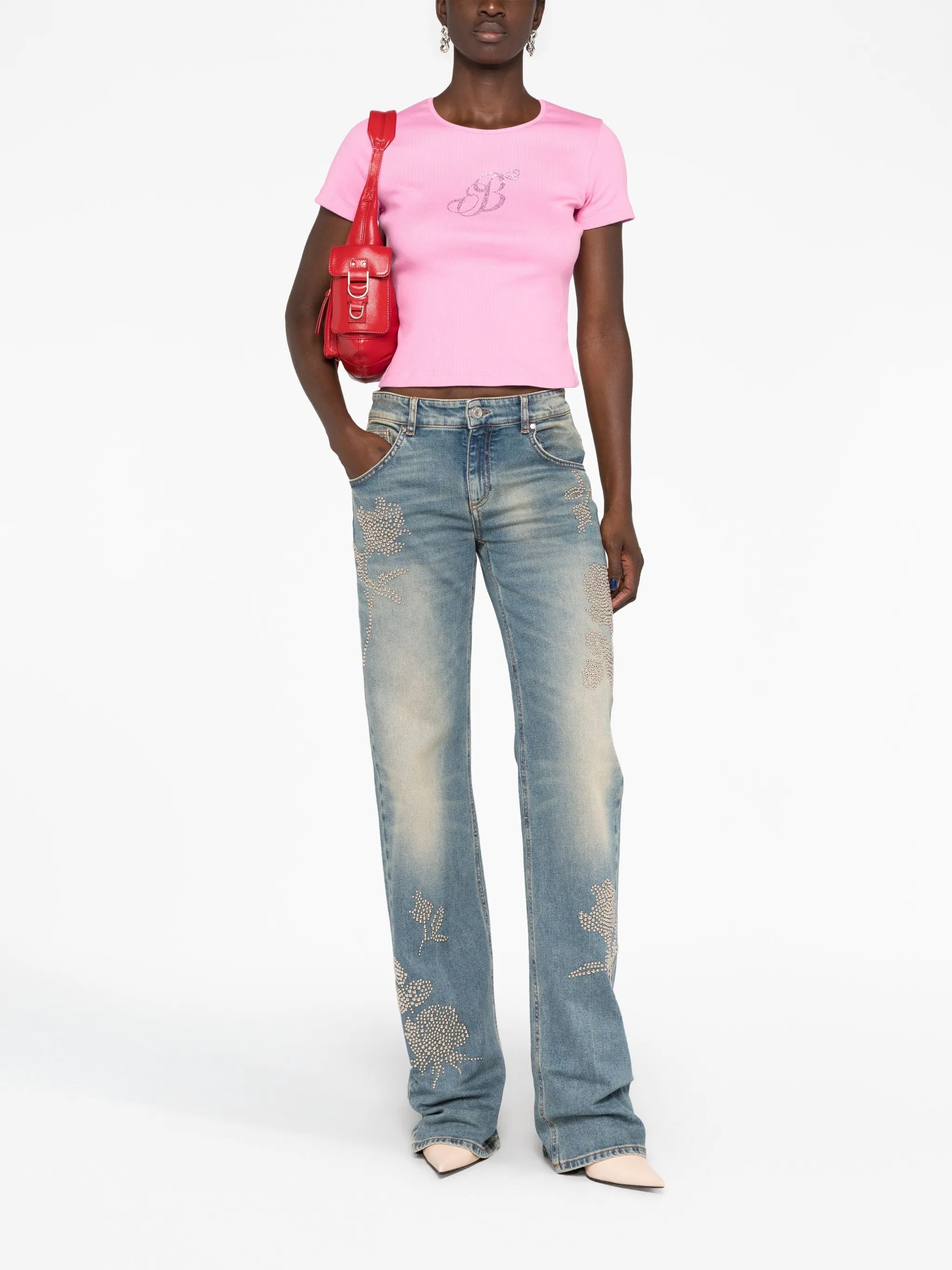 stud-embellished wide-leg jeans