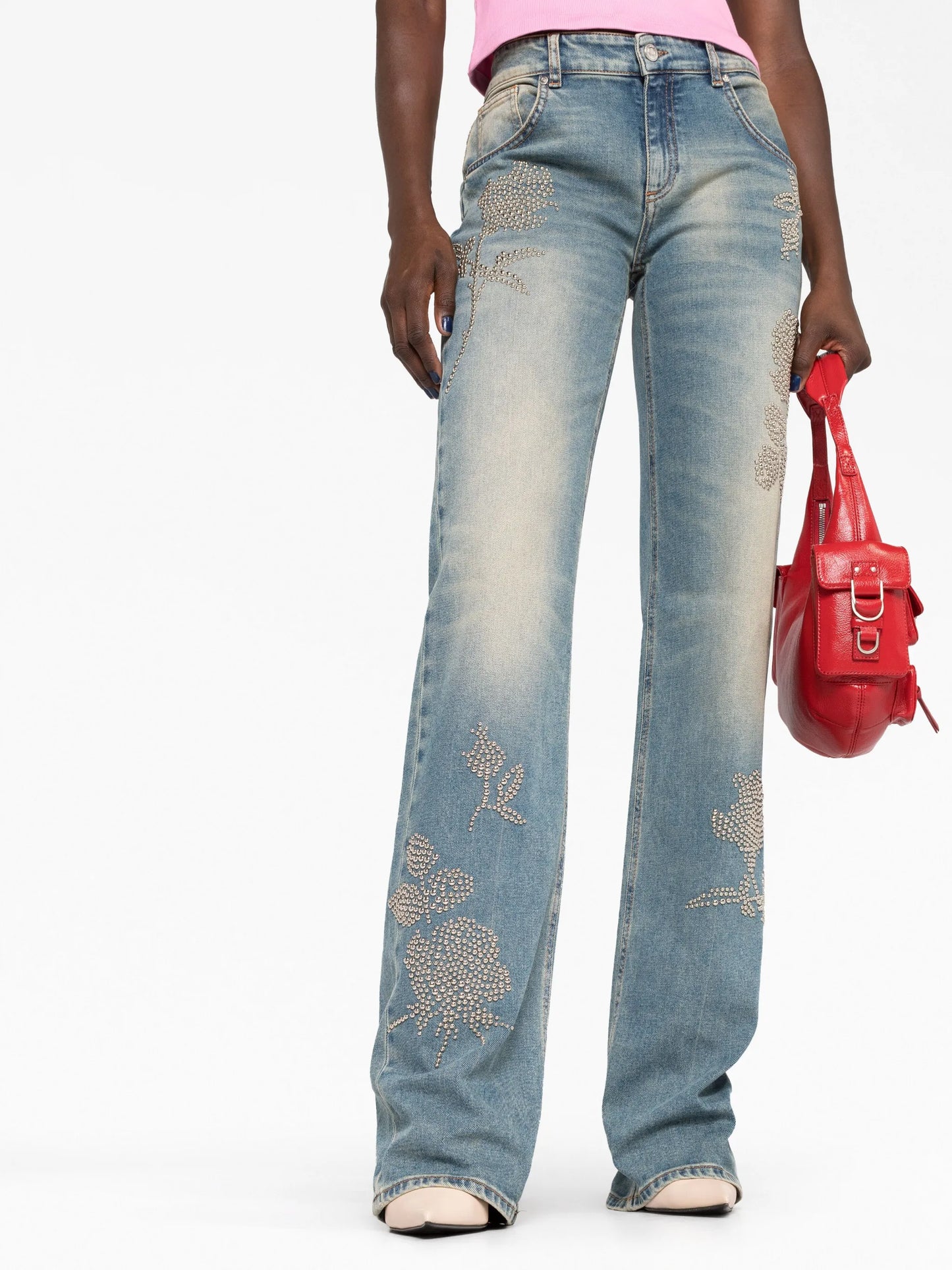 stud-embellished wide-leg jeans