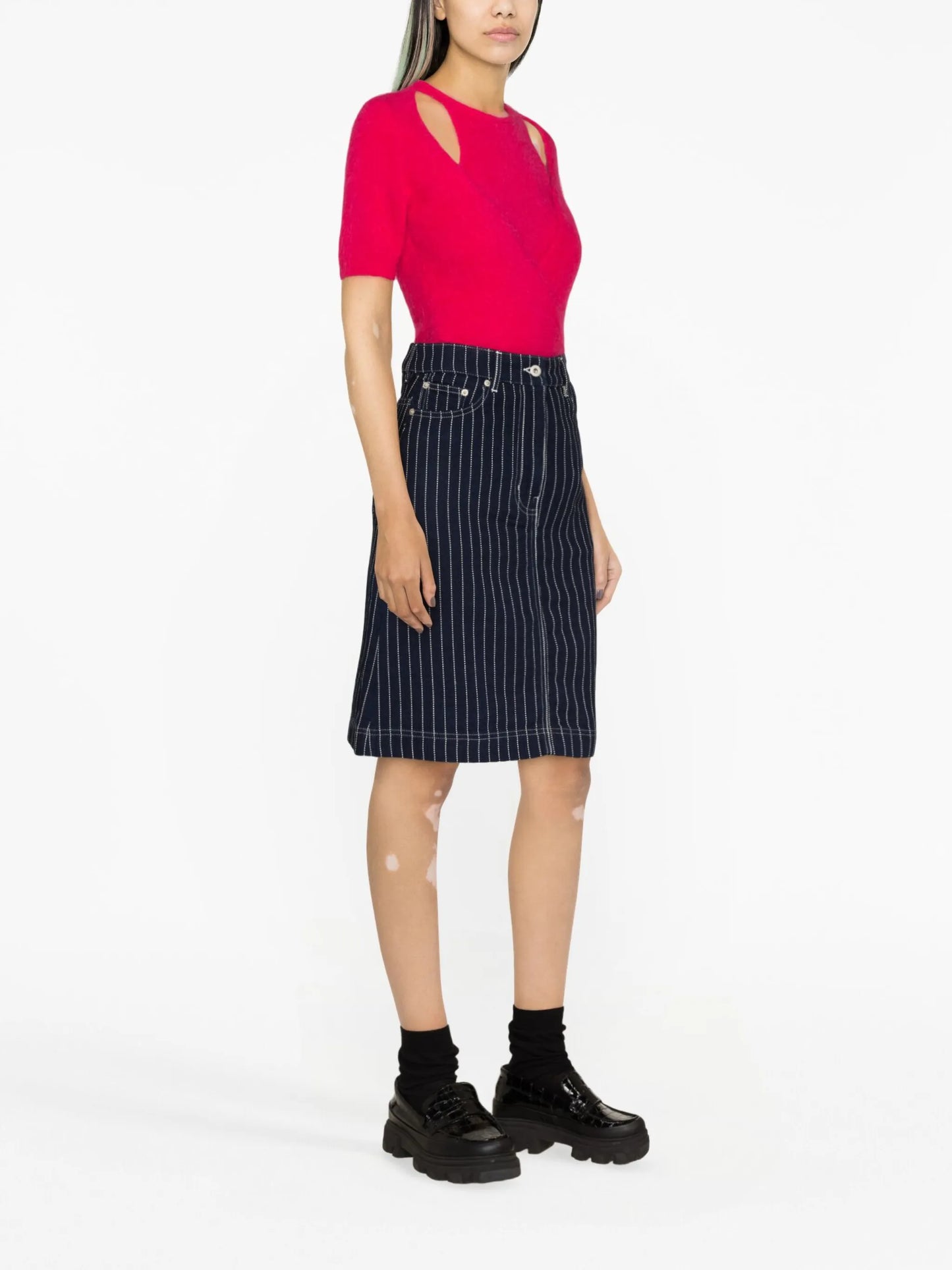 striped denim midi skirt