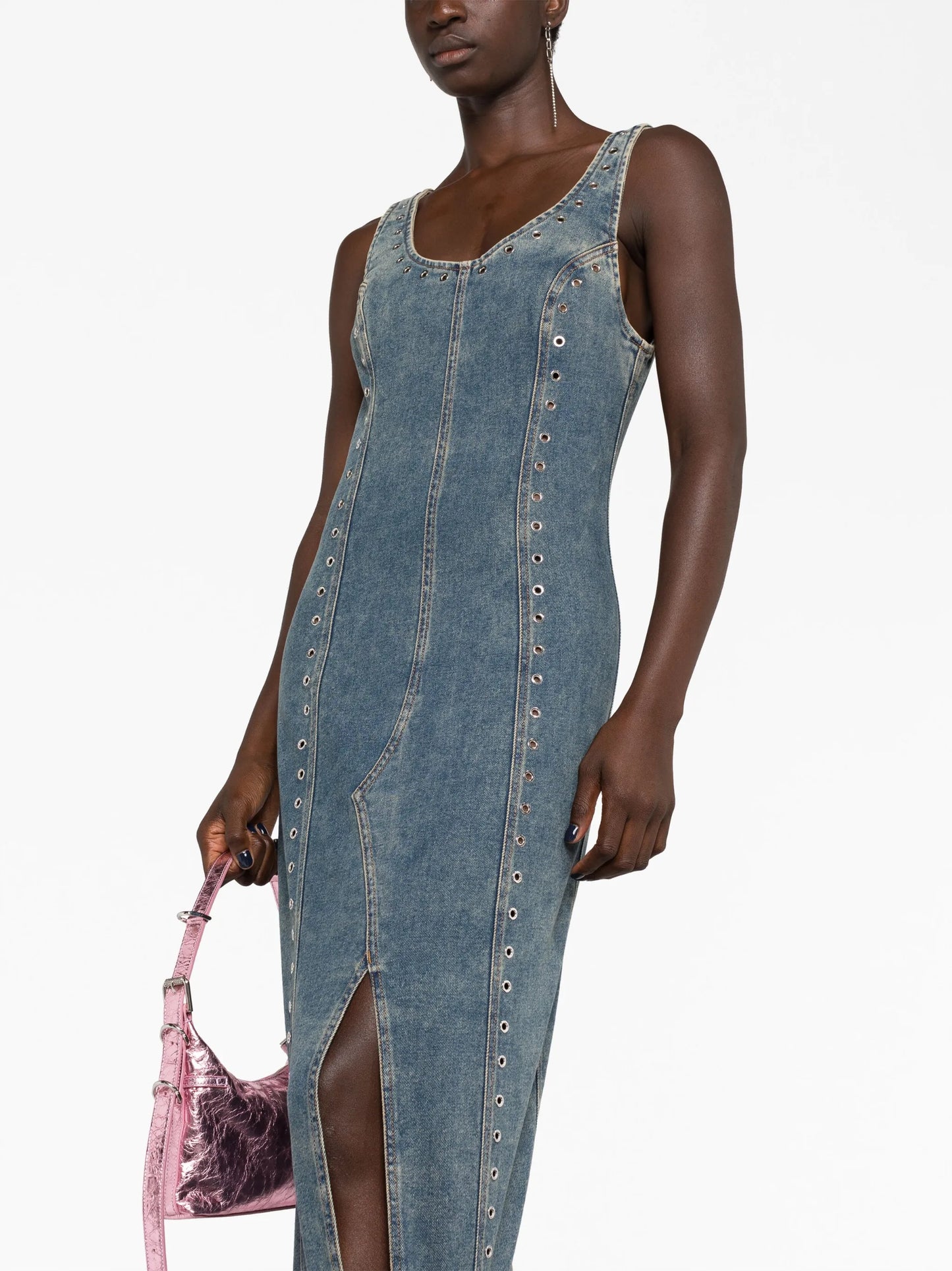 eyelet-embellished denim midi dress