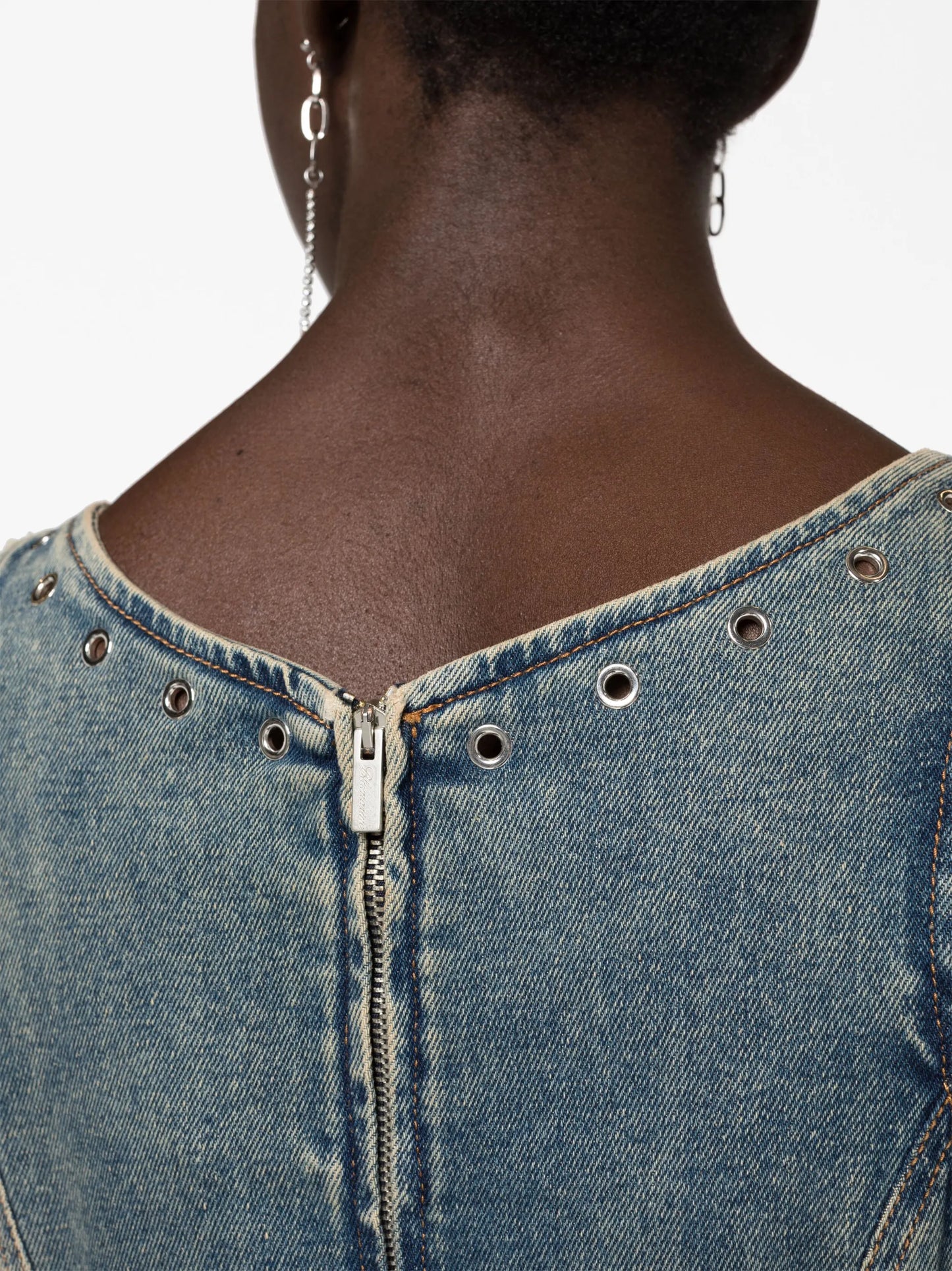 eyelet-embellished denim midi dress