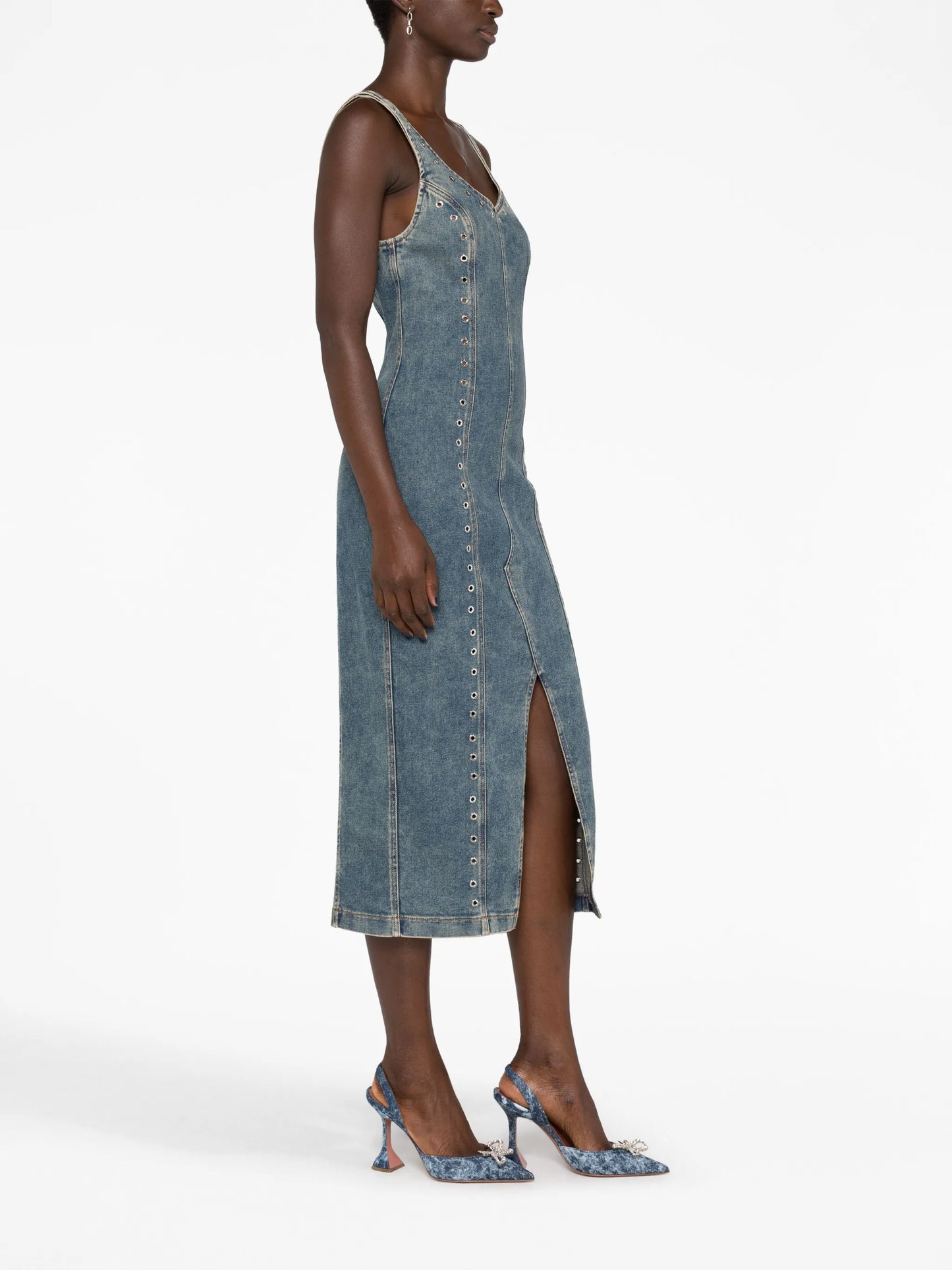 eyelet-embellished denim midi dress