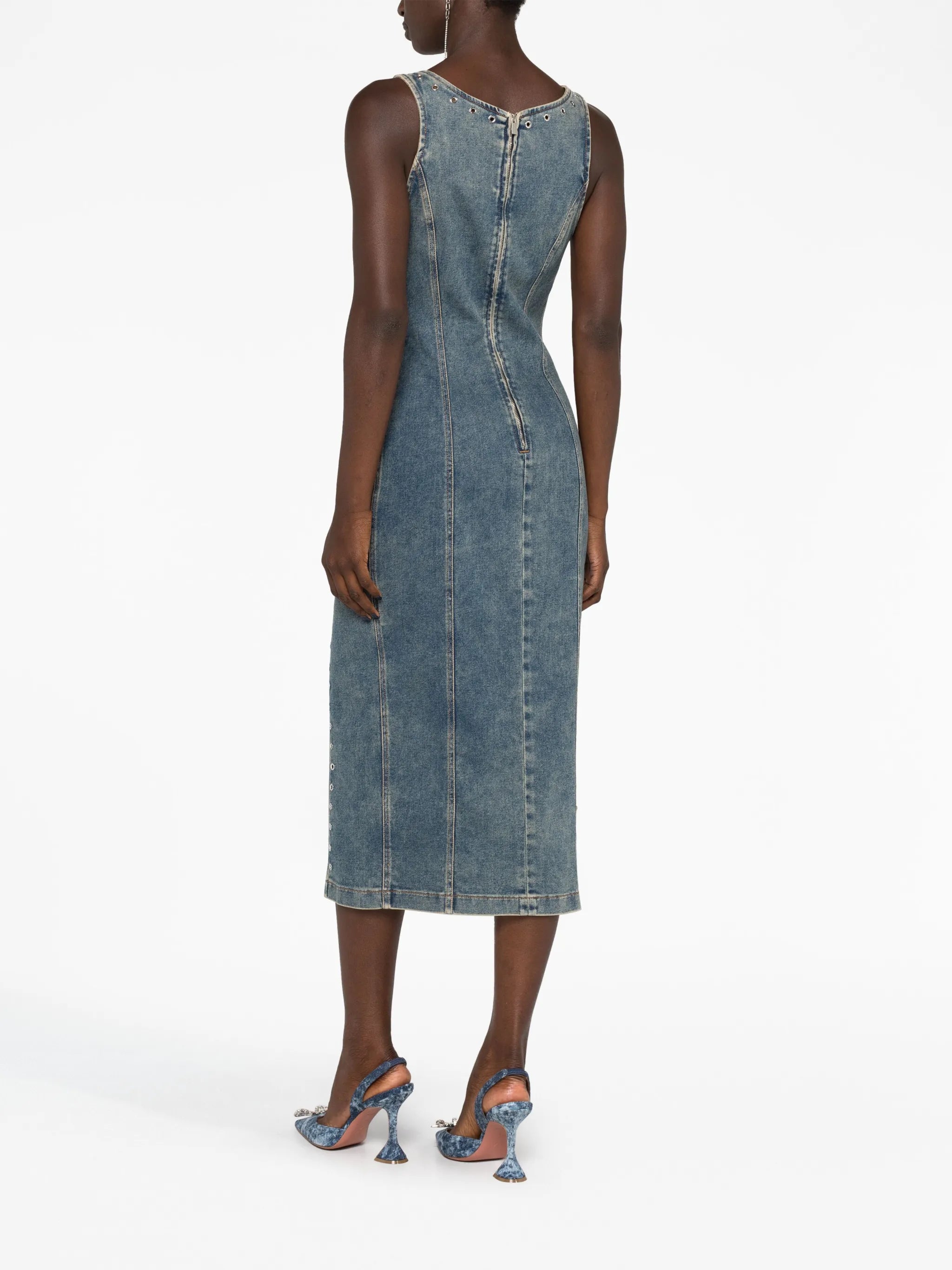 eyelet-embellished denim midi dress