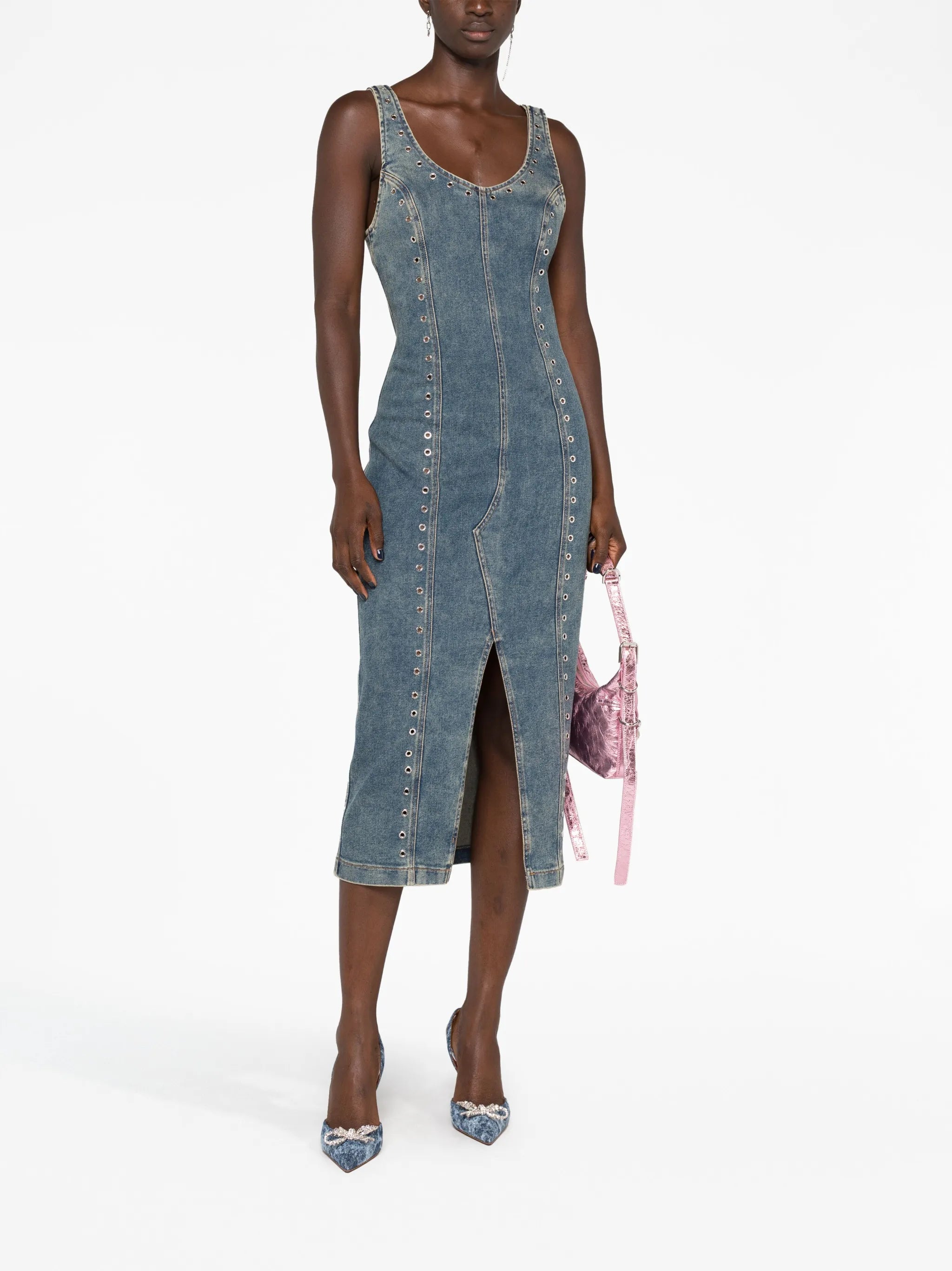 eyelet-embellished denim midi dress