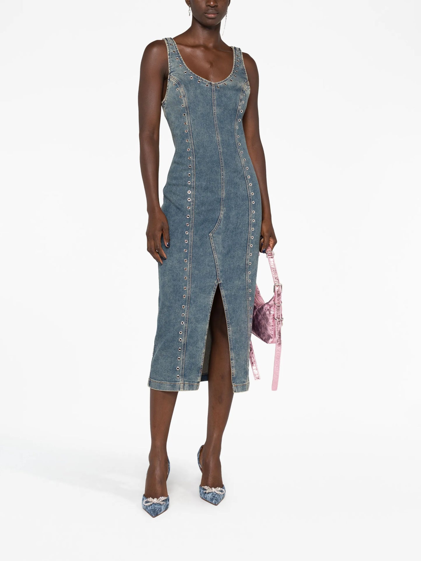 eyelet-embellished denim midi dress