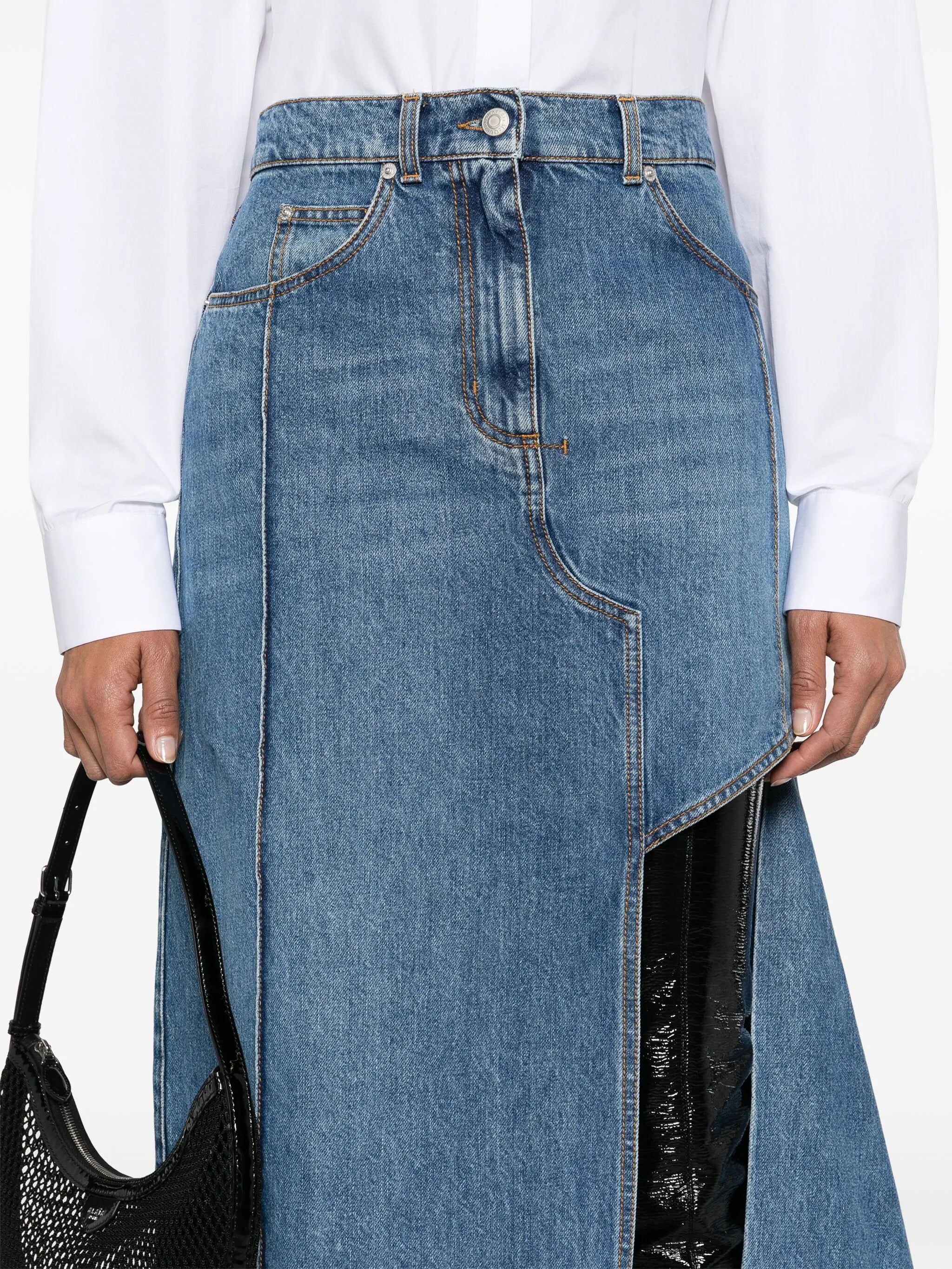 Slashed denim midi skirt