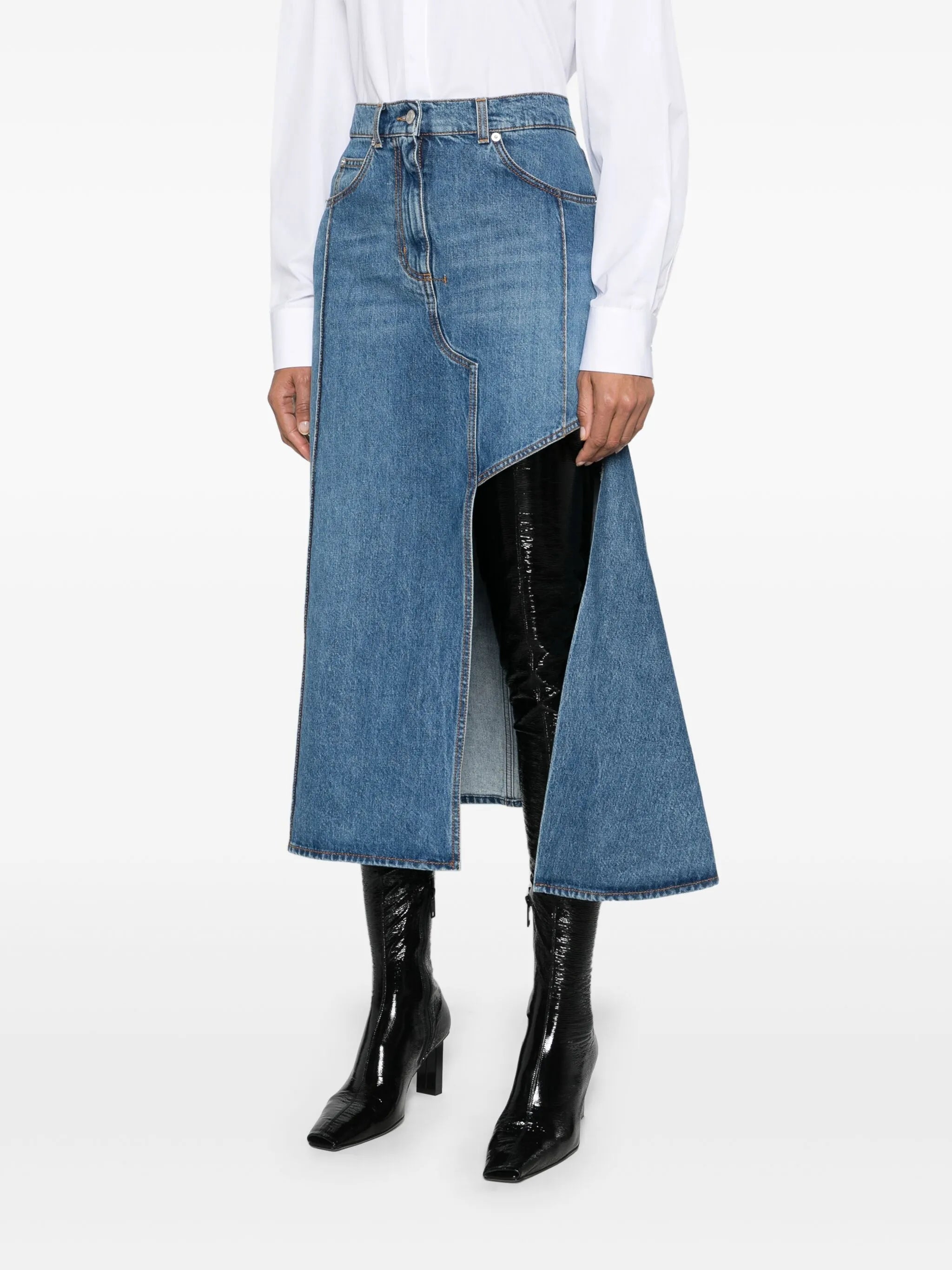 Slashed denim midi skirt