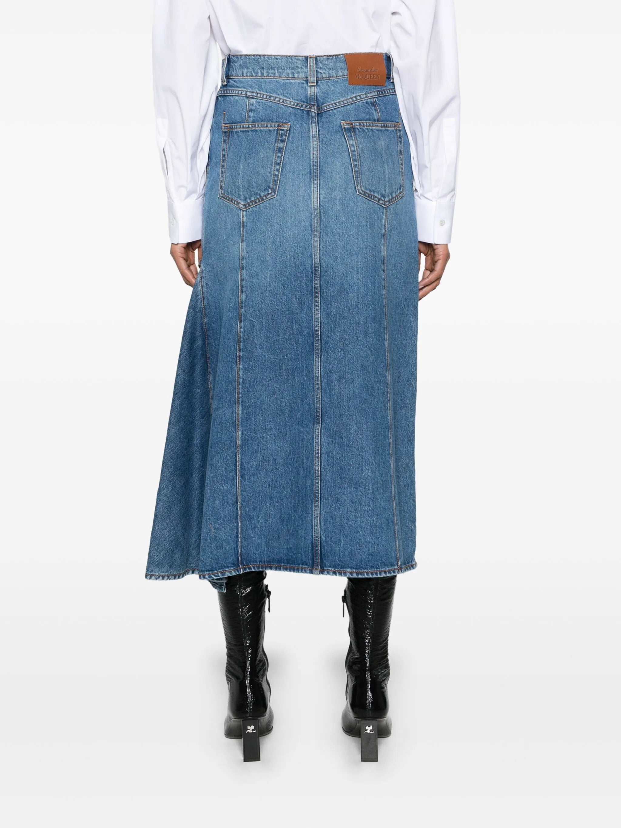 Slashed denim midi skirt