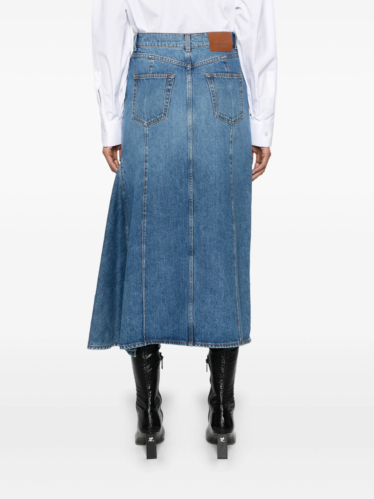 Slashed denim midi skirt