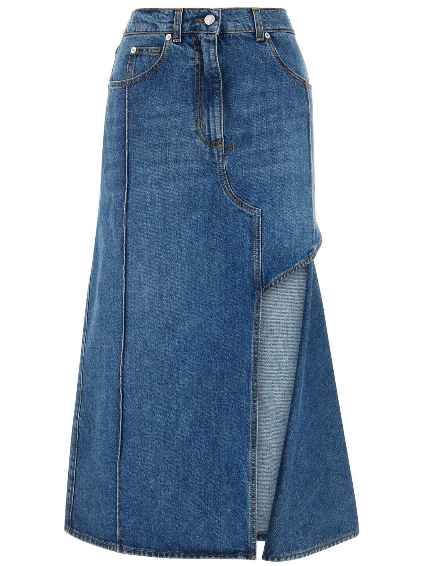 Slashed denim midi skirt