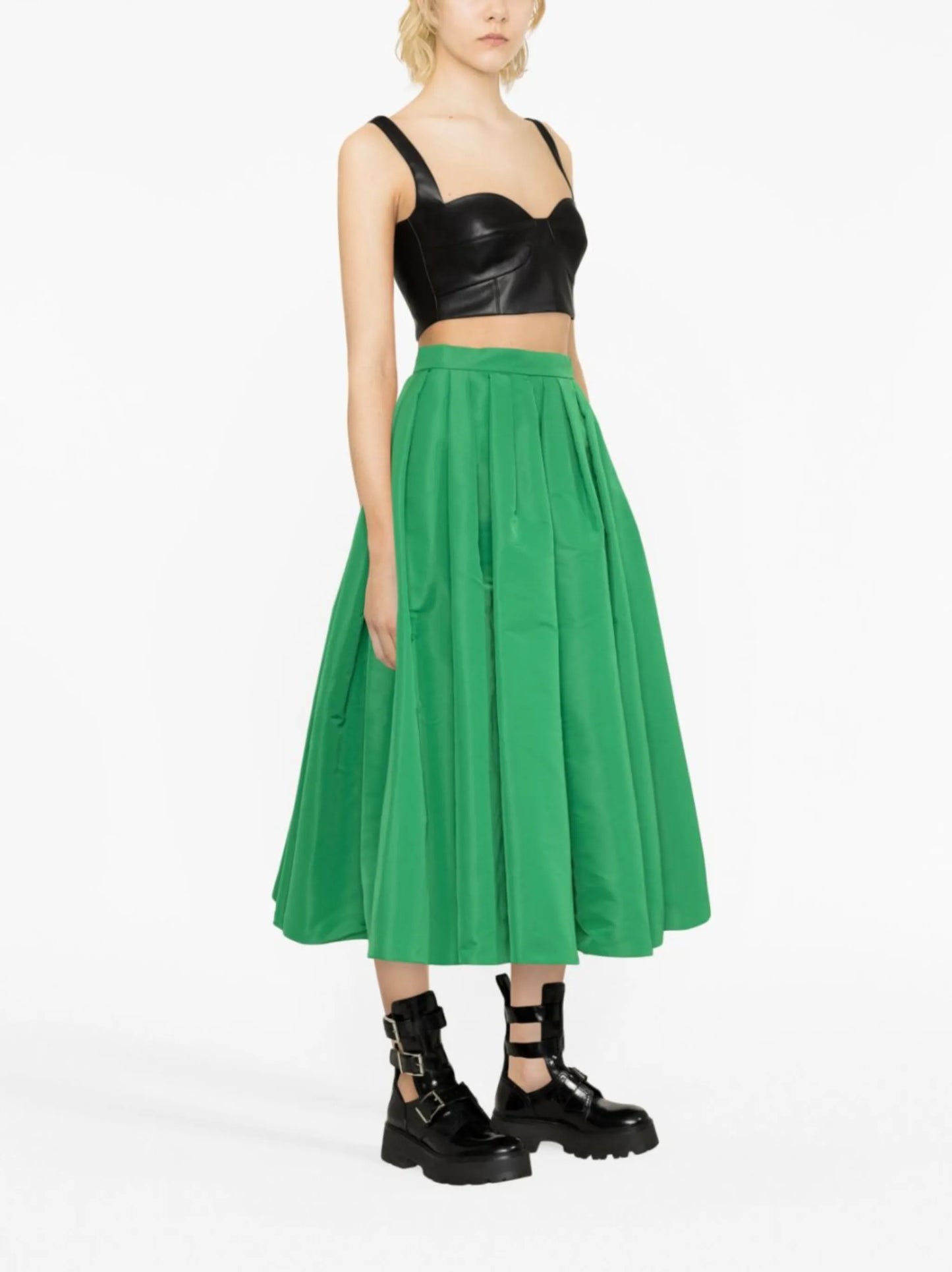pleated flared midi skirt