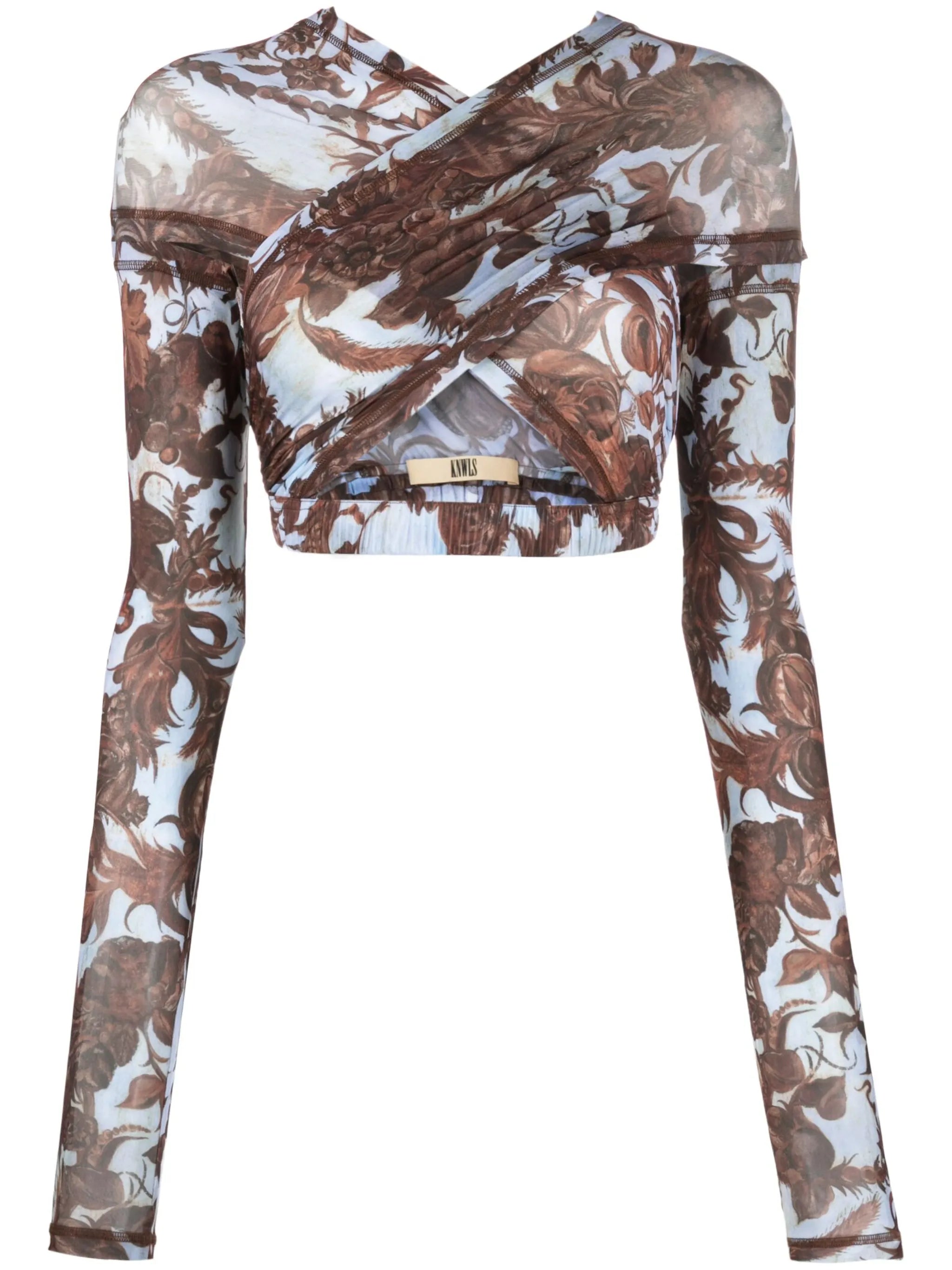 floral-print crossover cropped top