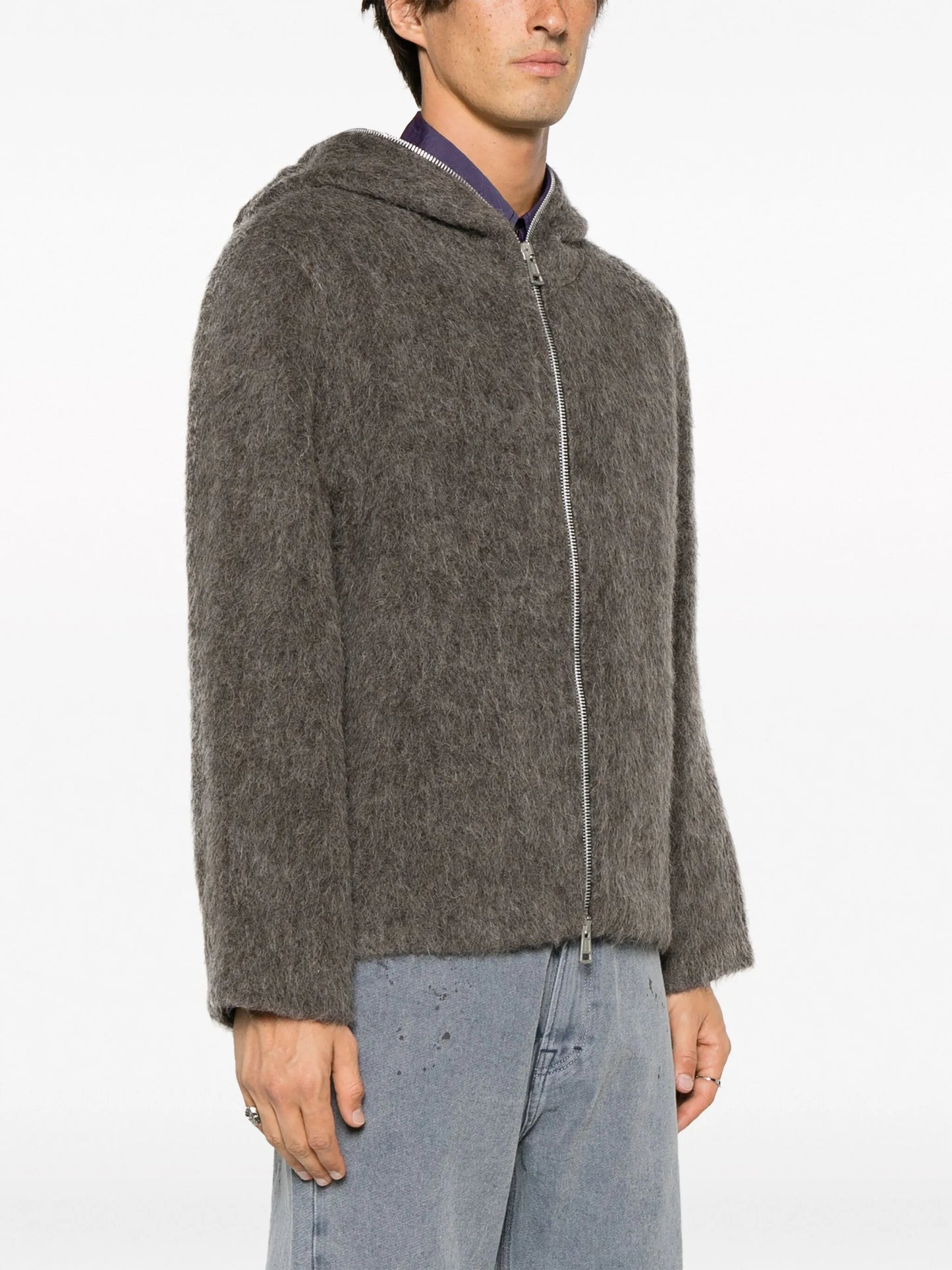 brushed zip-up hooded jacket