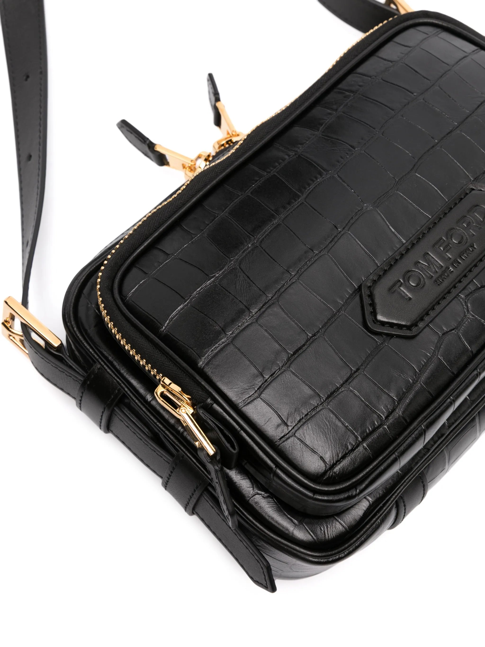 medium crocodile-effect zip-up messenger bag