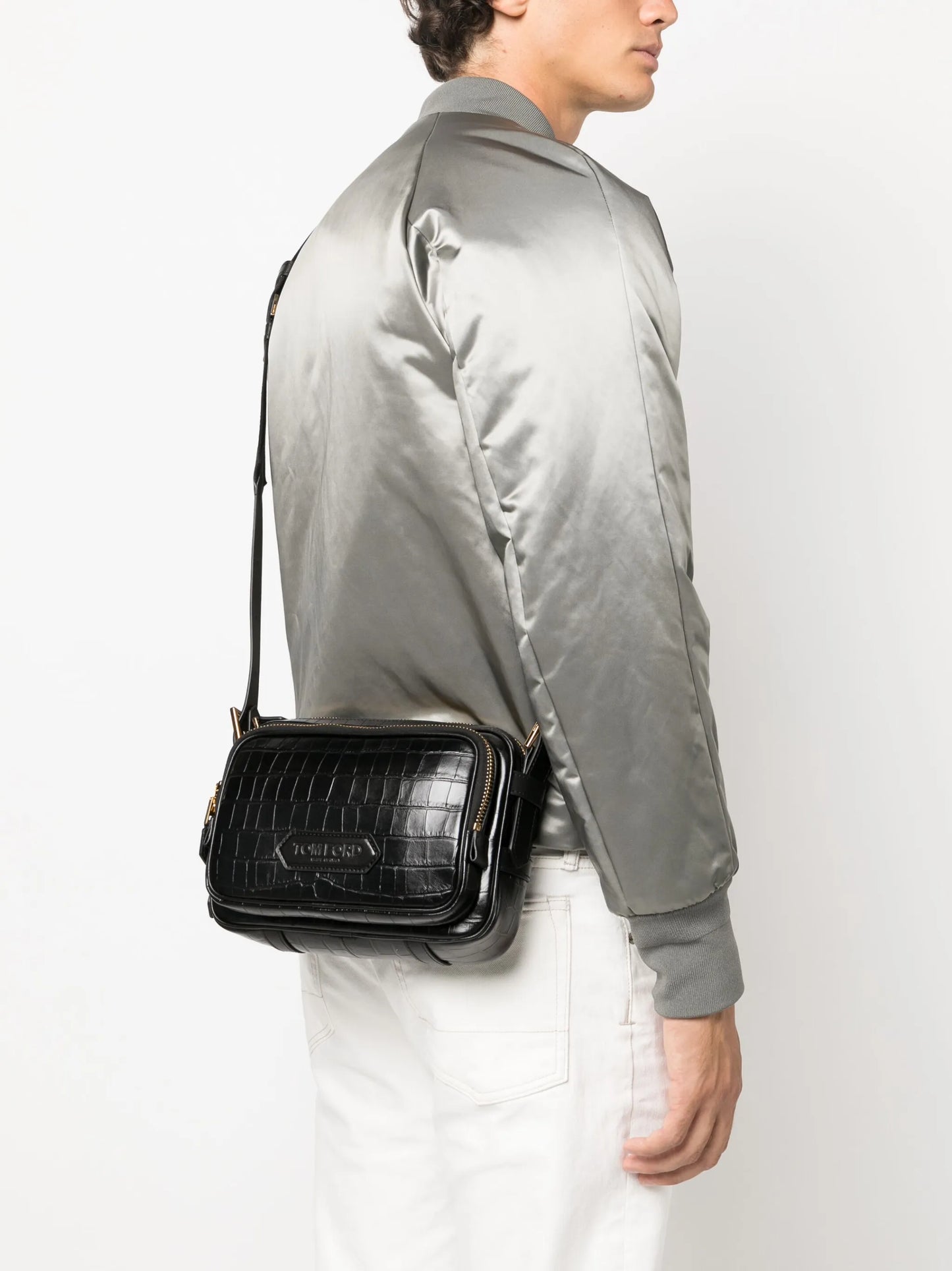 medium crocodile-effect zip-up messenger bag