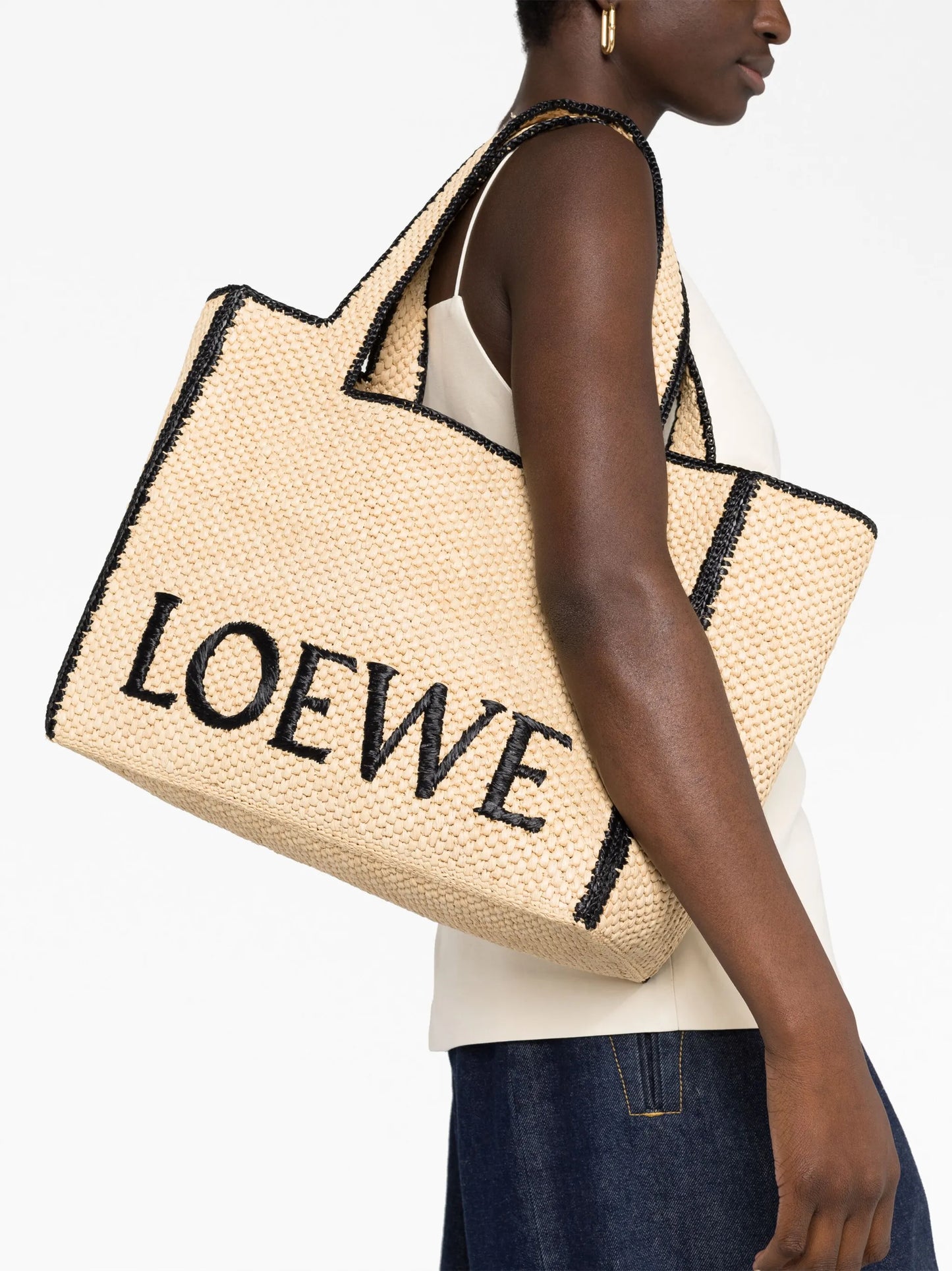 logo-lettering raffia tote bag
