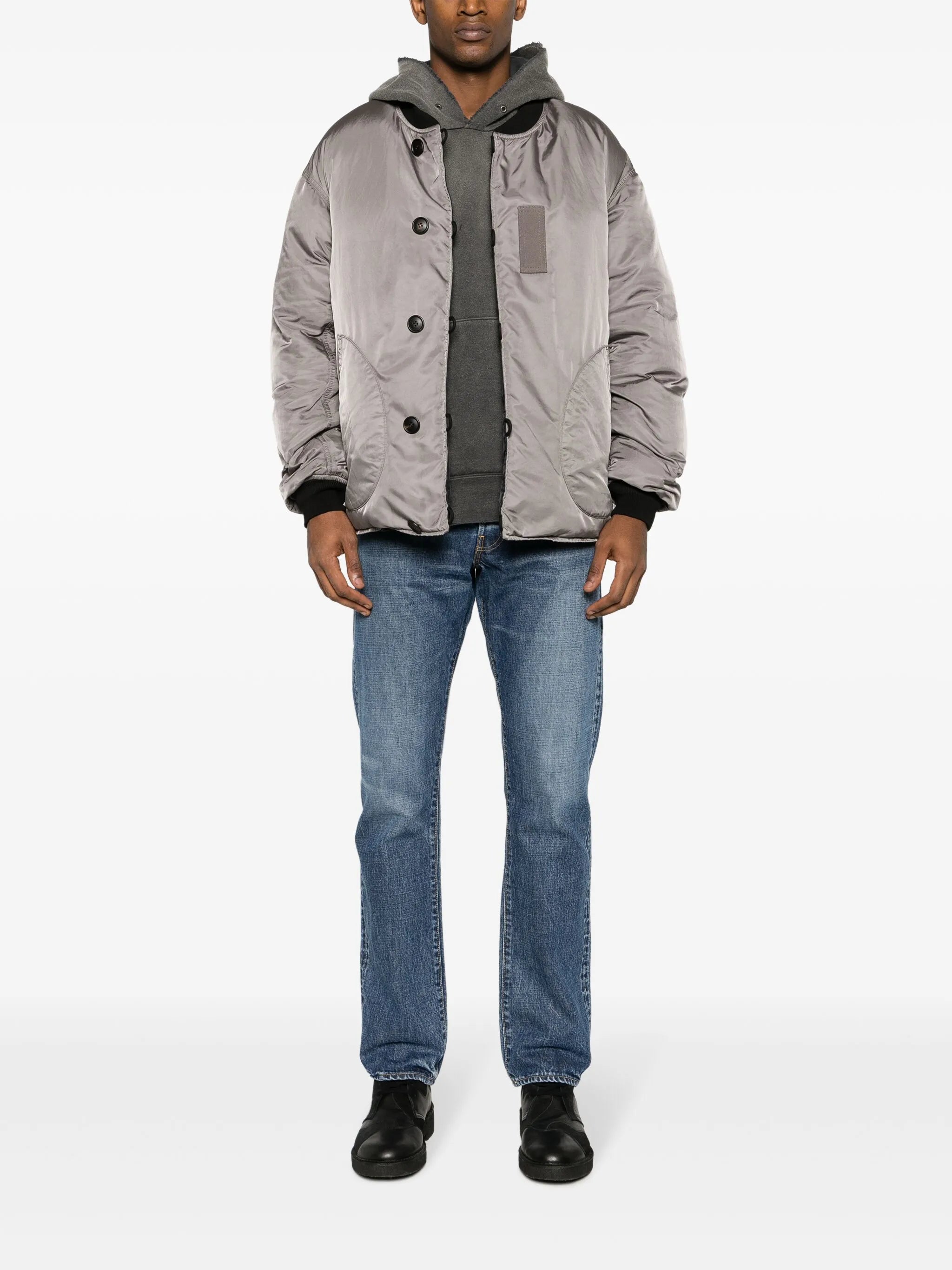 baseball-collar padded bomber jacket