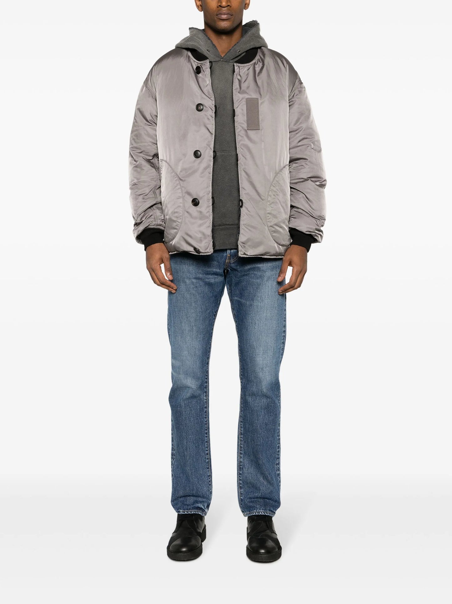 baseball-collar padded bomber jacket