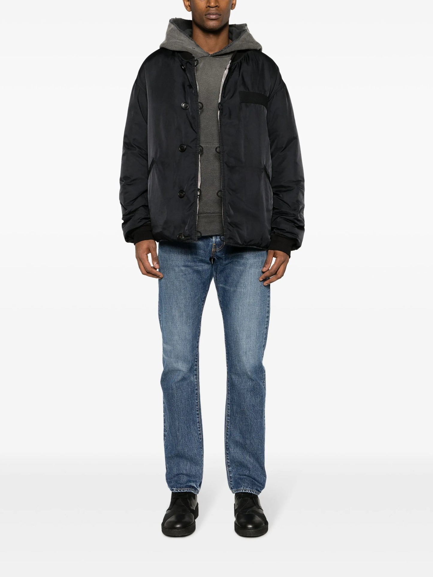 baseball-collar padded bomber jacket