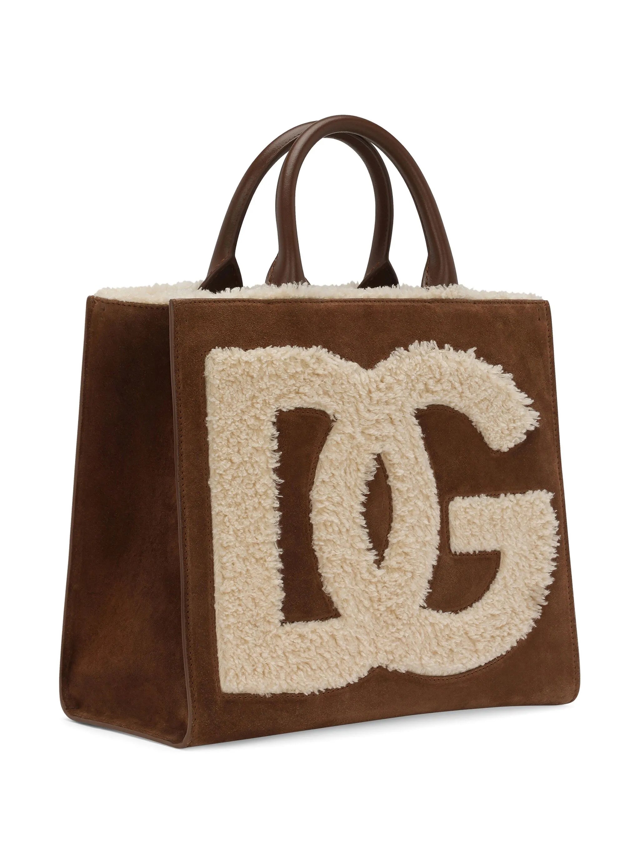 logo-embroidered shearling-detail bag