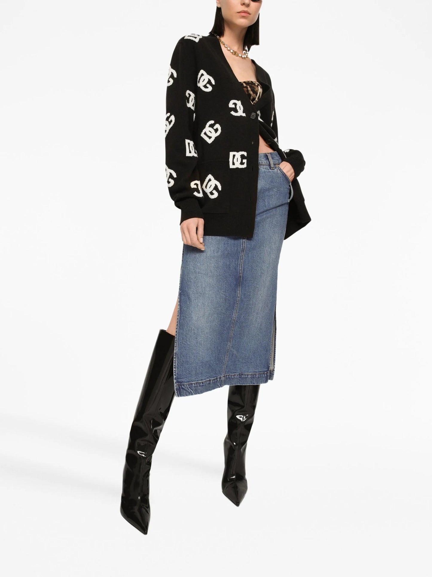 logo-plaque midi denim skirt