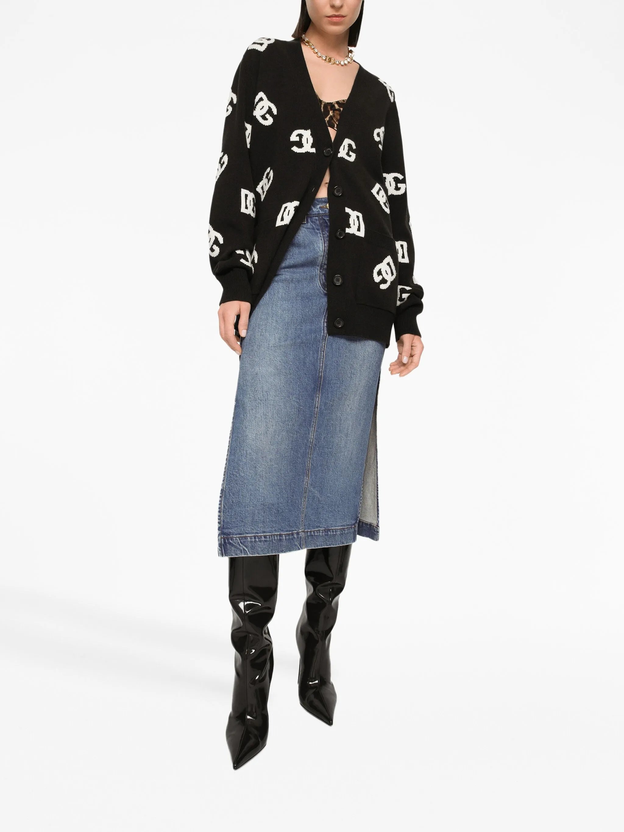 logo-plaque midi denim skirt