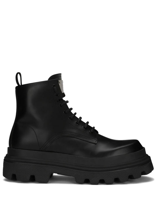 logo-plaque brushed leather ankle boots